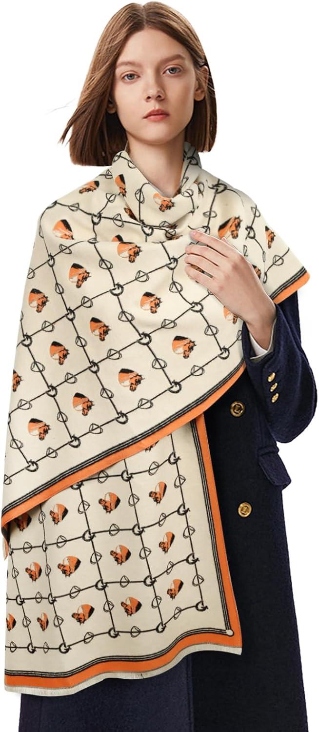 imageEXTREE Scarfs for Women Pashmina Silky Shawl Wrap for Evening Dressing Blanket Open Front Poncho CapeA Orange Grid Pony Head