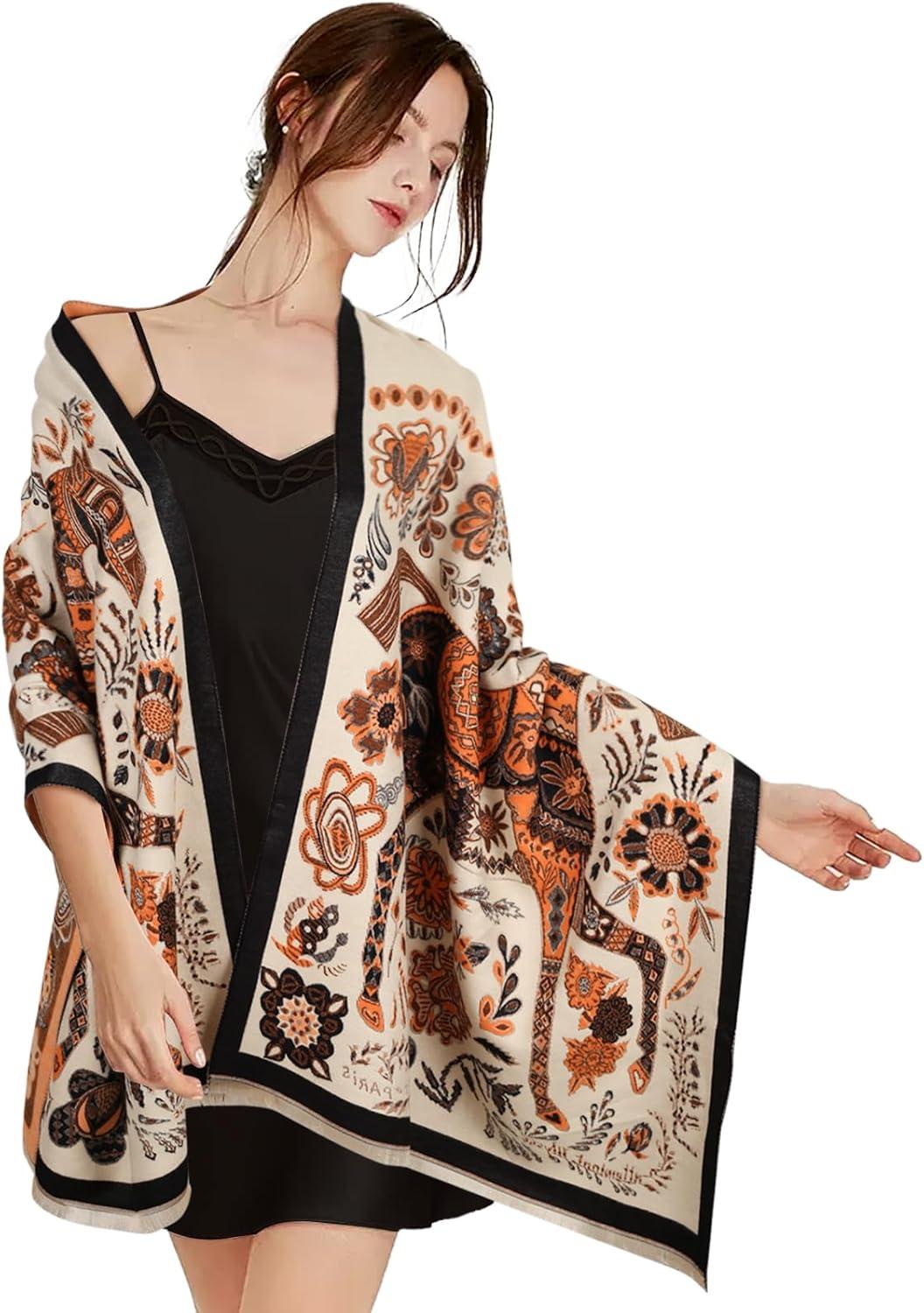 imageEXTREE Scarfs for Women Pashmina Silky Shawl Wrap for Evening Dressing Blanket Open Front Poncho CapeBeige Orange One