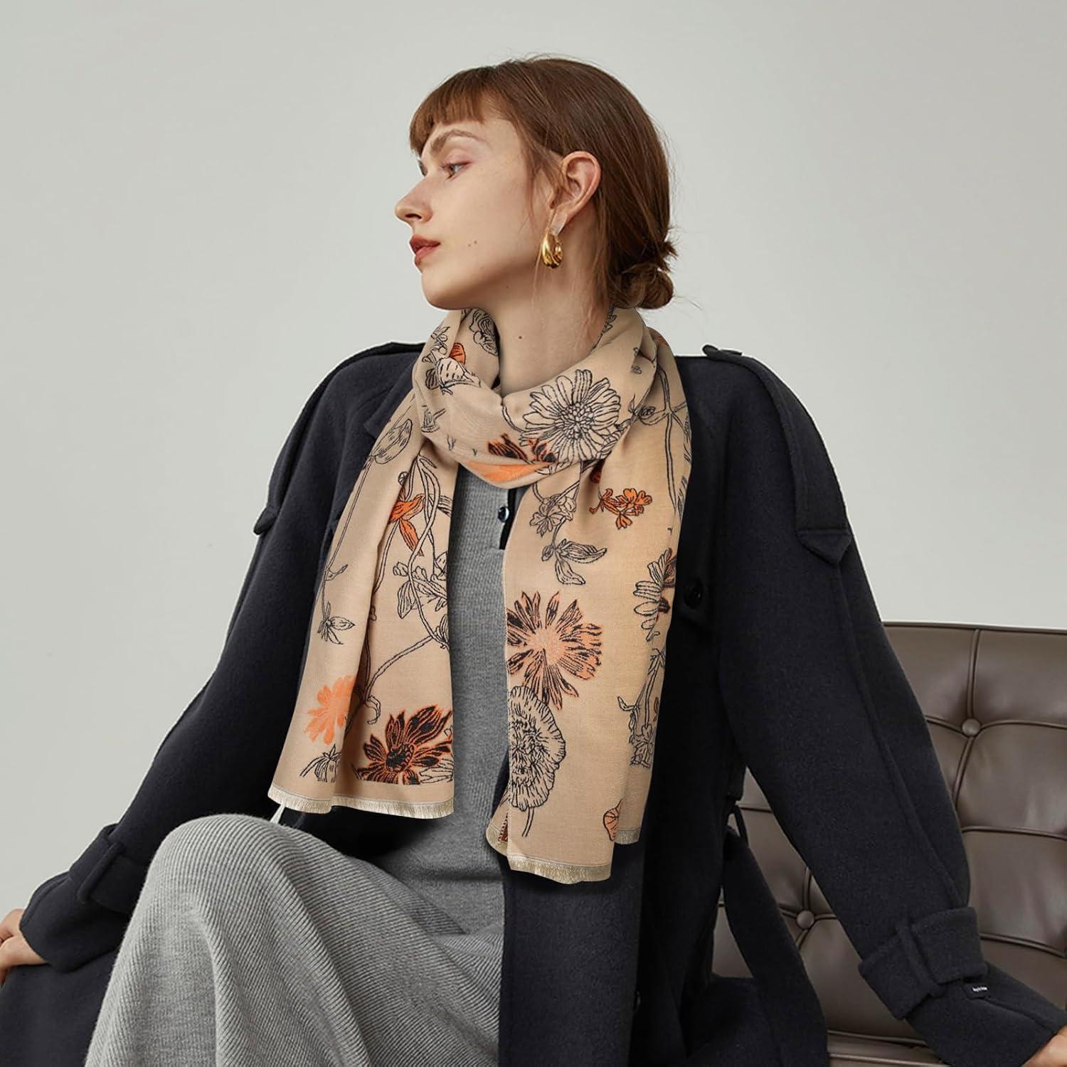 imageEXTREE Scarfs for Women Pashmina Silky Shawl Wrap for Evening Dressing Blanket Open Front Poncho CapeBeige Peony