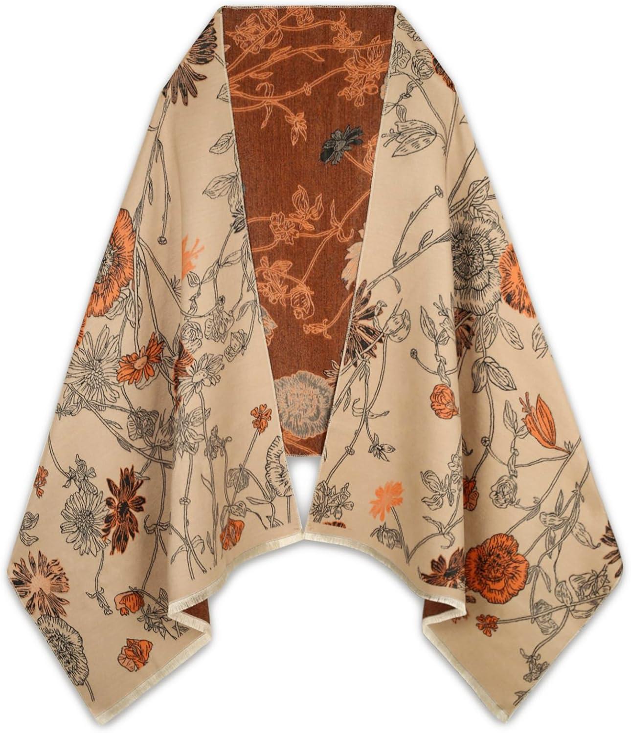 imageEXTREE Scarfs for Women Pashmina Silky Shawl Wrap for Evening Dressing Blanket Open Front Poncho CapeBeige Peony