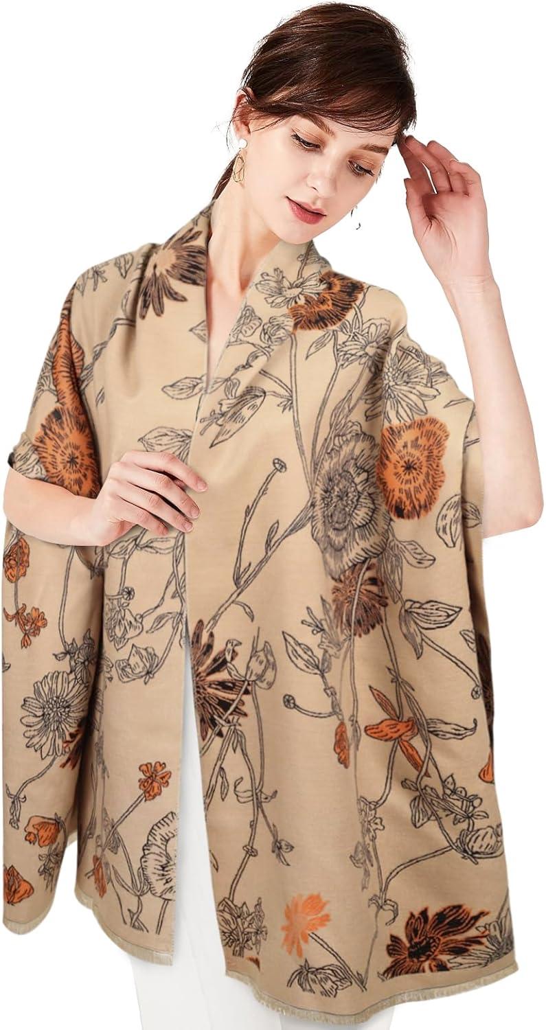imageEXTREE Scarfs for Women Pashmina Silky Shawl Wrap for Evening Dressing Blanket Open Front Poncho CapeBeige Peony