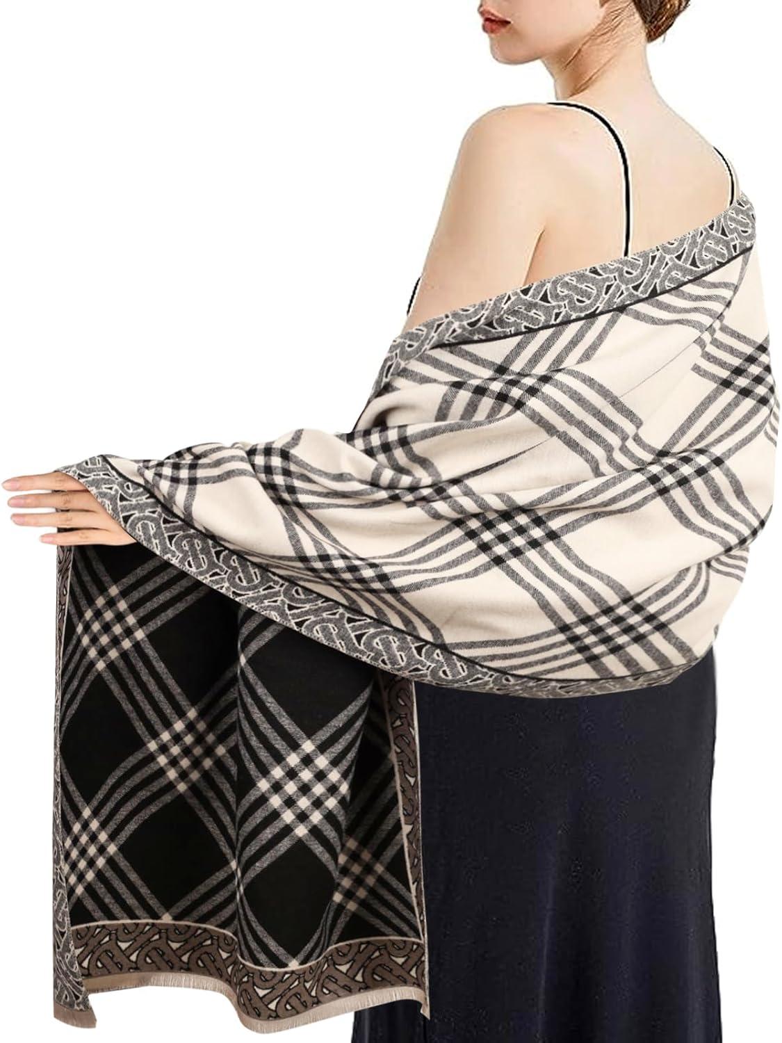 imageEXTREE Scarfs for Women Pashmina Silky Shawl Wrap for Evening Dressing Blanket Open Front Poncho CapeBlack Classic Check