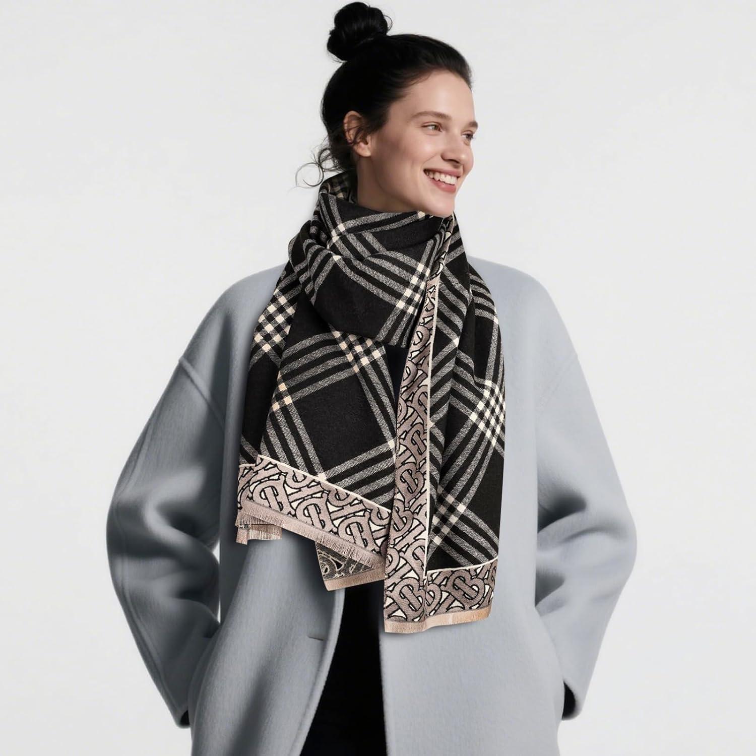 imageEXTREE Scarfs for Women Pashmina Silky Shawl Wrap for Evening Dressing Blanket Open Front Poncho CapeBlack Classic Check