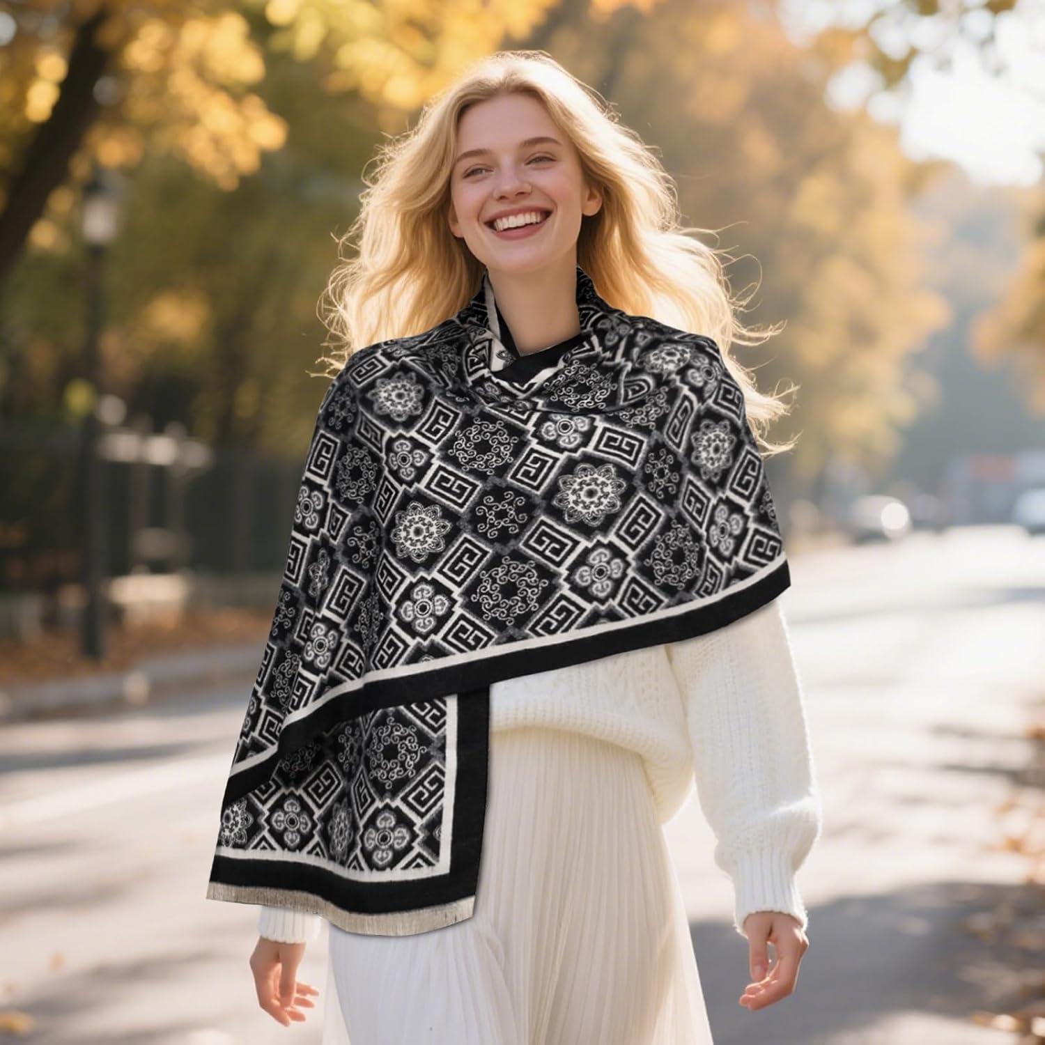 imageEXTREE Scarfs for Women Pashmina Silky Shawl Wrap for Evening Dressing Blanket Open Front Poncho CapeBlack and Stylish