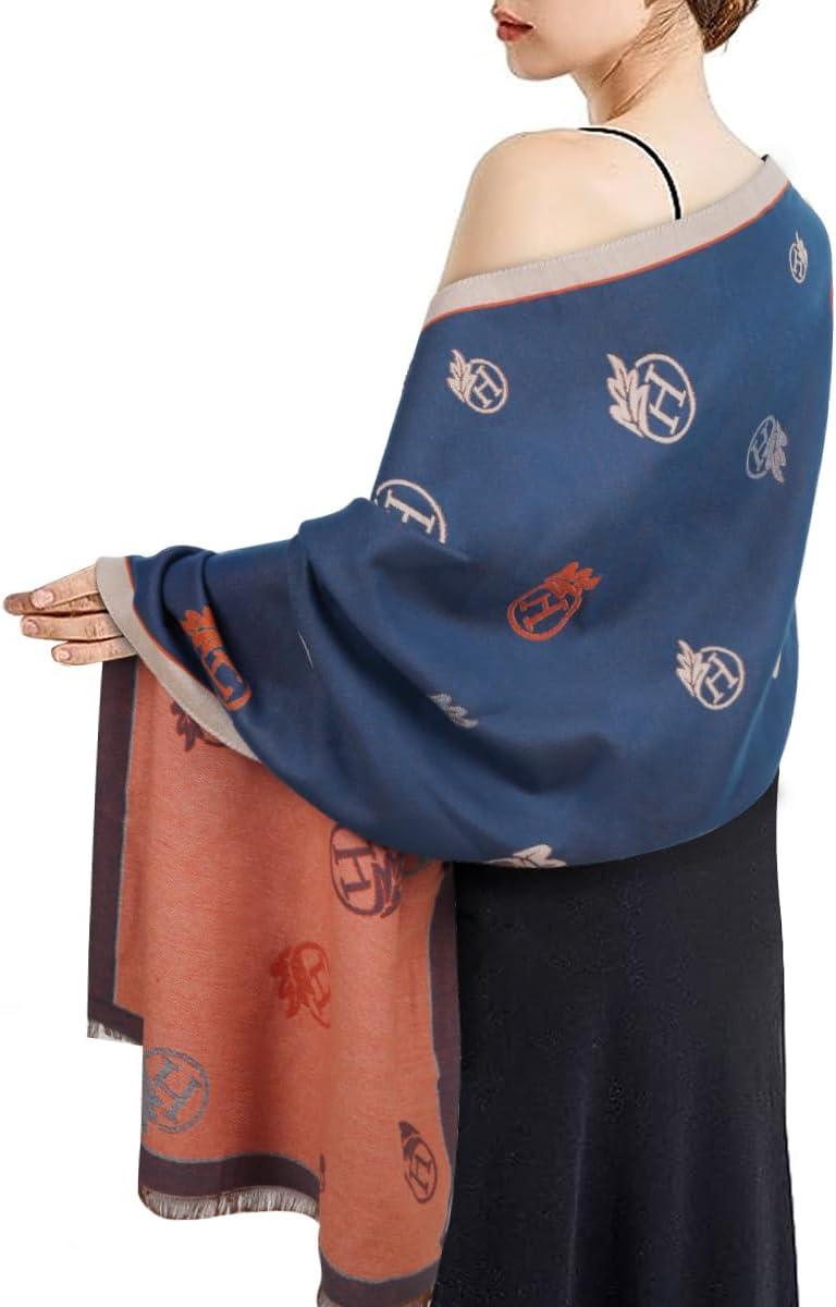 imageEXTREE Scarfs for Women Pashmina Silky Shawl Wrap for Evening Dressing Blanket Open Front Poncho CapeBlue and Brown Double Sided Multi Royal Horse