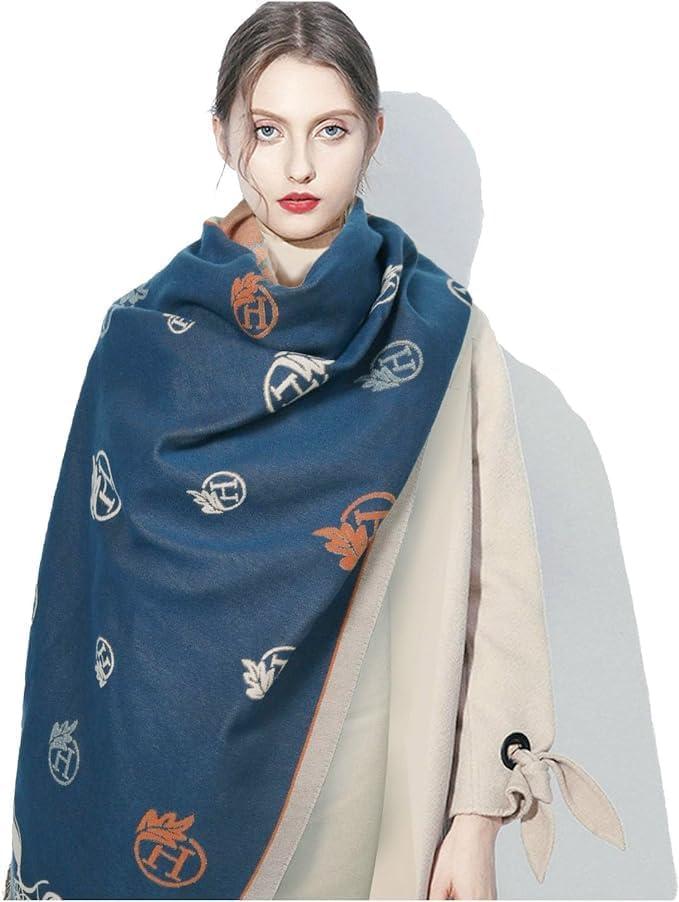 imageEXTREE Scarfs for Women Pashmina Silky Shawl Wrap for Evening Dressing Blanket Open Front Poncho CapeBlue and Brown Double Sided Multi Royal Horse