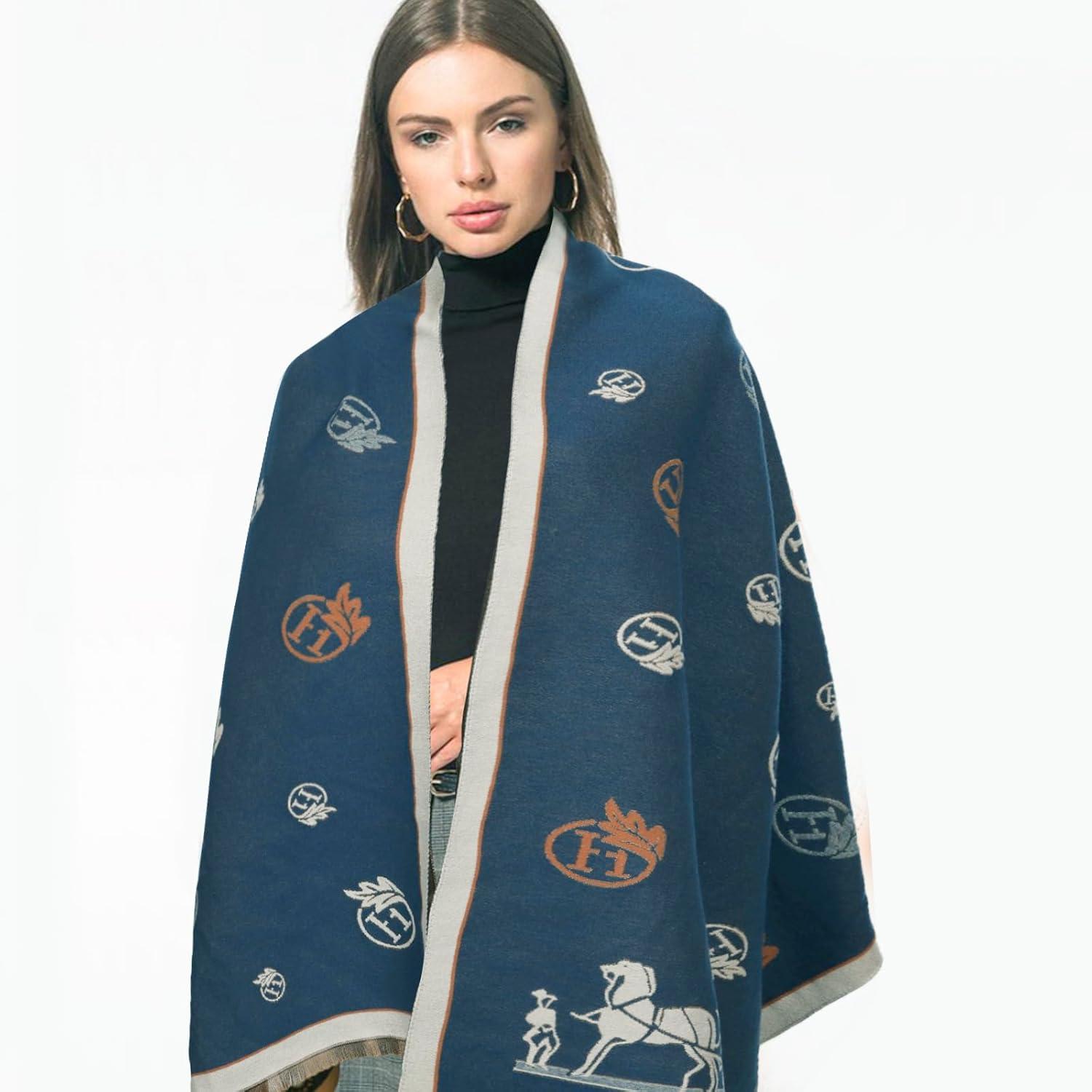 imageEXTREE Scarfs for Women Pashmina Silky Shawl Wrap for Evening Dressing Blanket Open Front Poncho CapeBlue and Brown Double Sided Multi Royal Horse
