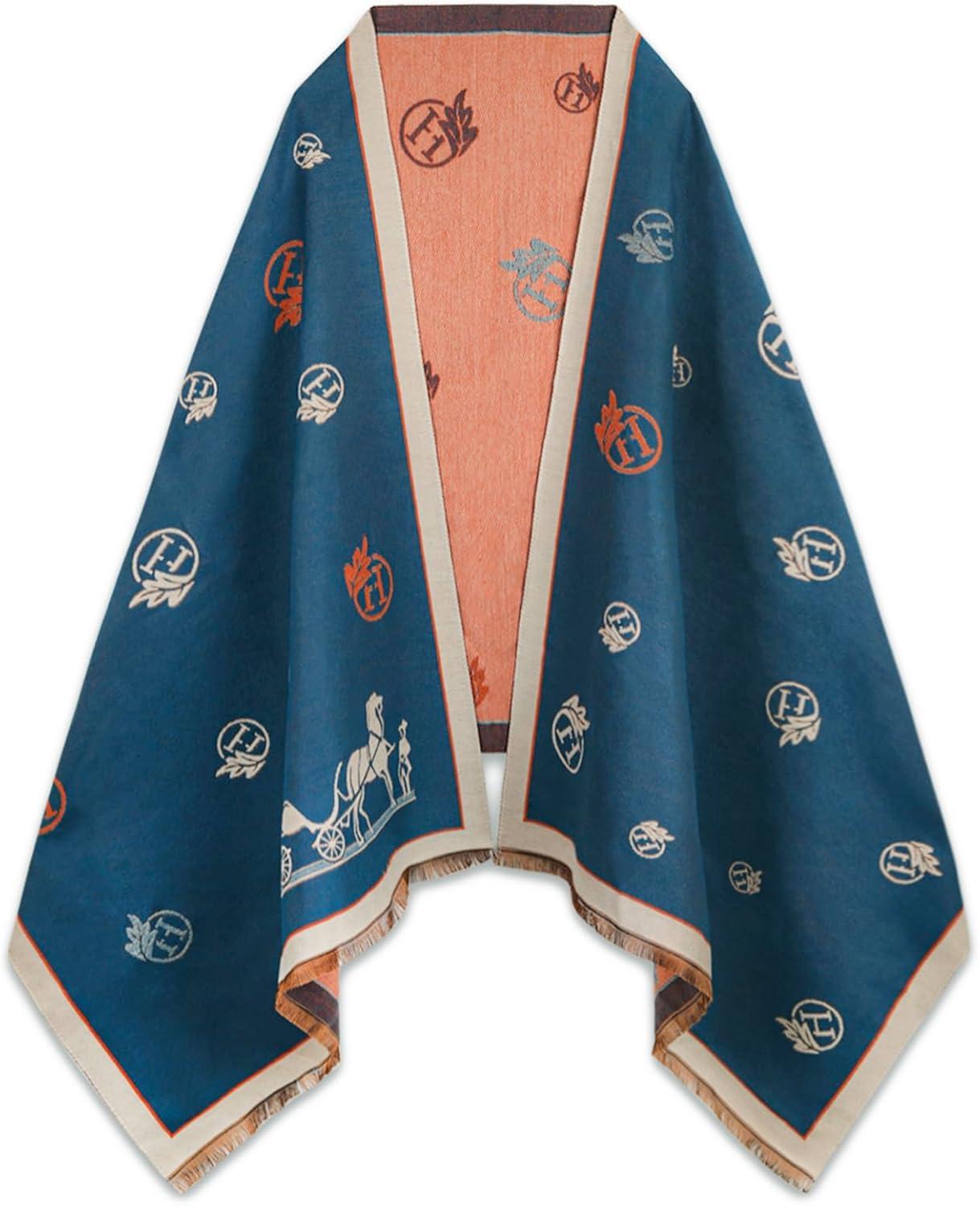 imageEXTREE Scarfs for Women Pashmina Silky Shawl Wrap for Evening Dressing Blanket Open Front Poncho CapeBlue and Brown Double Sided Multi Royal Horse