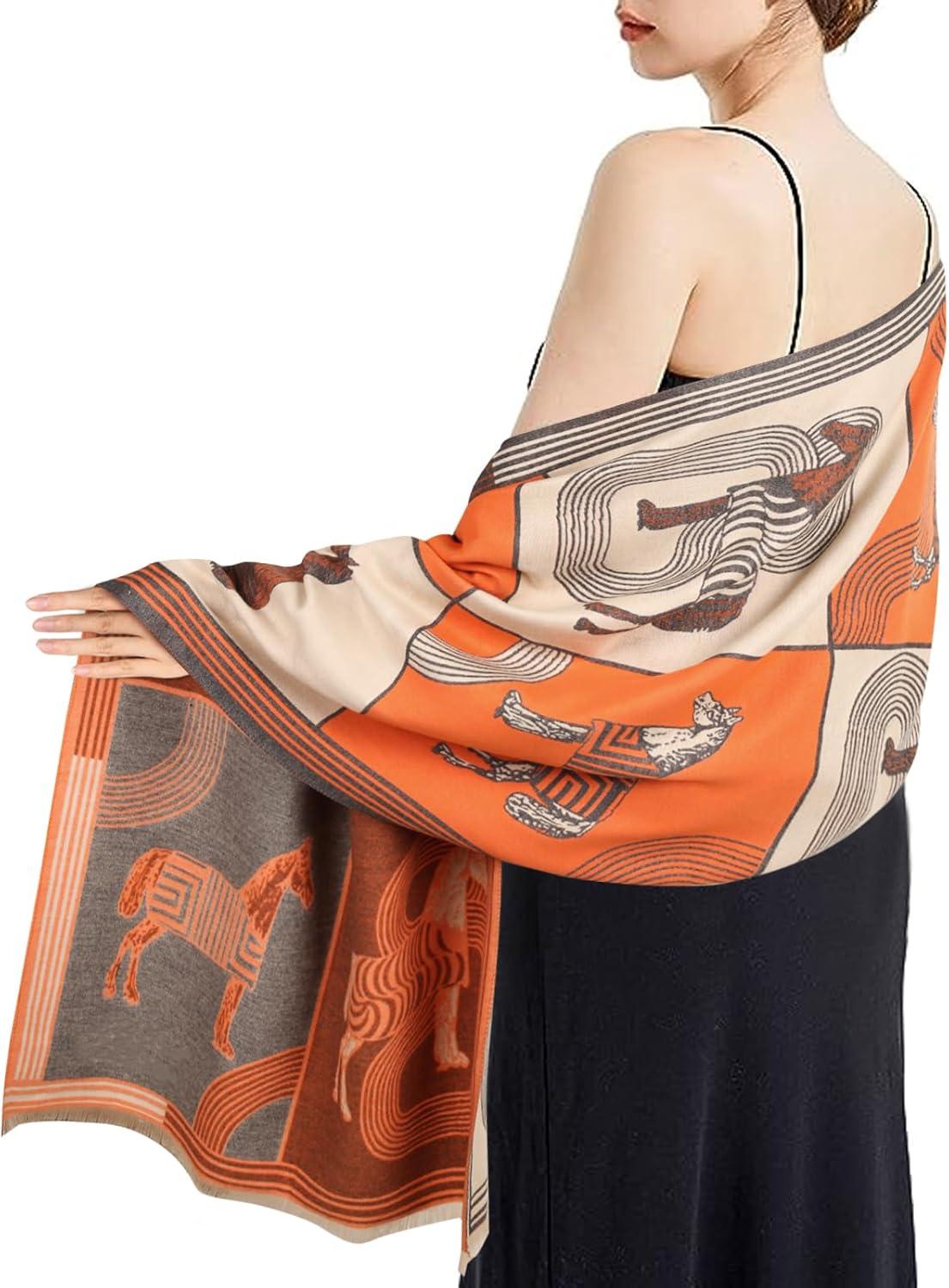 imageEXTREE Scarfs for Women Pashmina Silky Shawl Wrap for Evening Dressing Blanket Open Front Poncho CapeBritish Horse Orange
