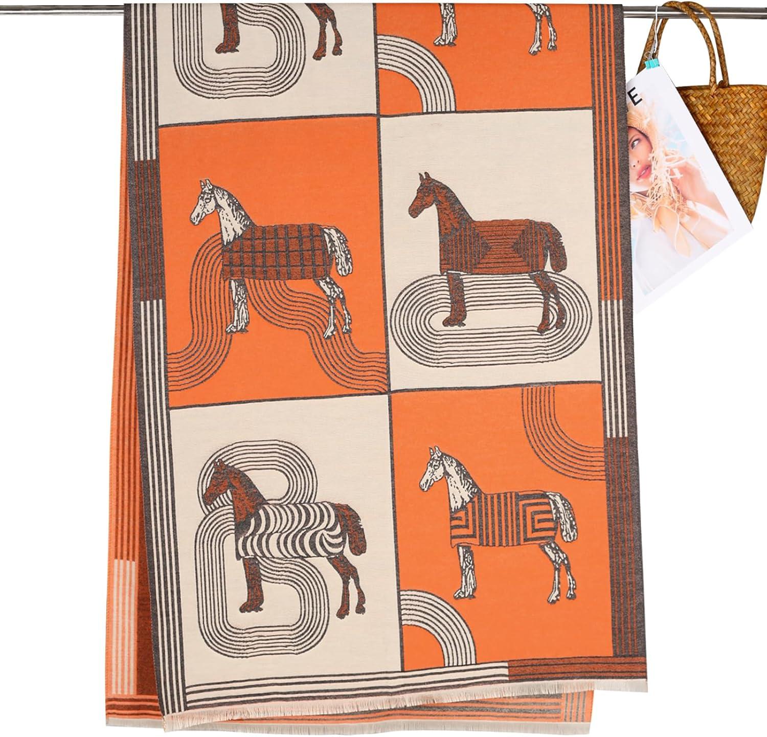 imageEXTREE Scarfs for Women Pashmina Silky Shawl Wrap for Evening Dressing Blanket Open Front Poncho CapeBritish Horse Orange