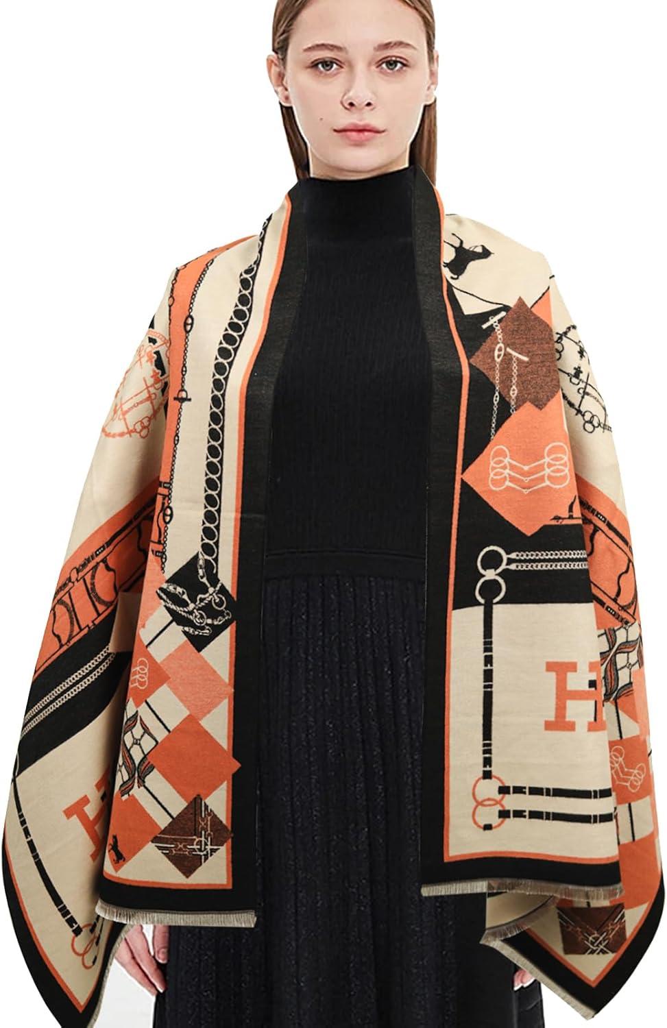 imageEXTREE Scarfs for Women Pashmina Silky Shawl Wrap for Evening Dressing Blanket Open Front Poncho CapeChain Horse Charm Orange