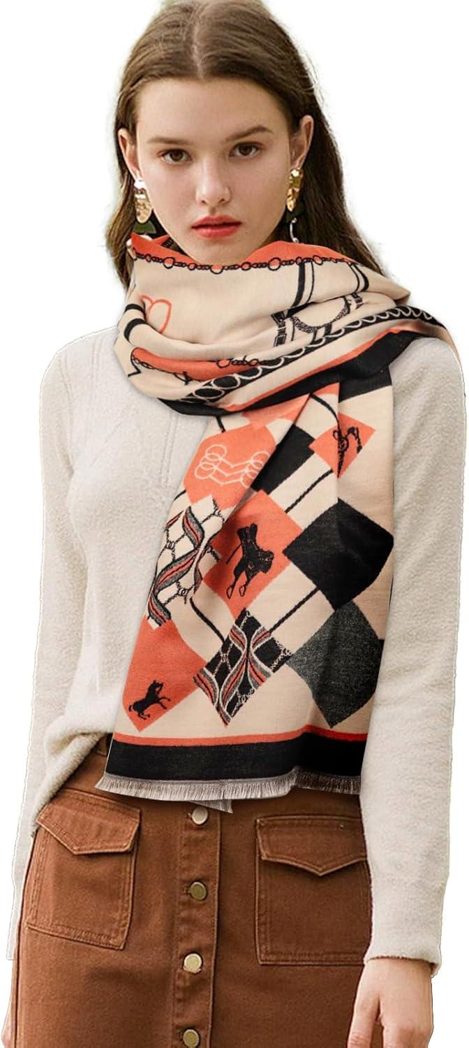 imageEXTREE Scarfs for Women Pashmina Silky Shawl Wrap for Evening Dressing Blanket Open Front Poncho CapeChain Horse Charm Orange