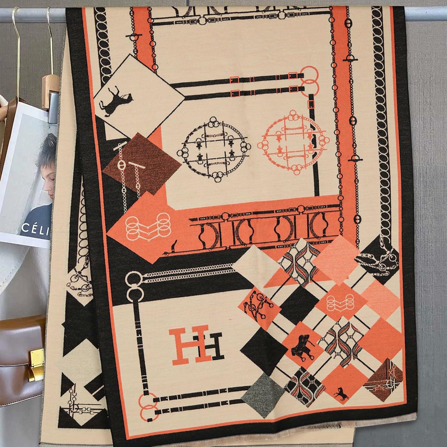 imageEXTREE Scarfs for Women Pashmina Silky Shawl Wrap for Evening Dressing Blanket Open Front Poncho CapeChain Horse Charm Orange