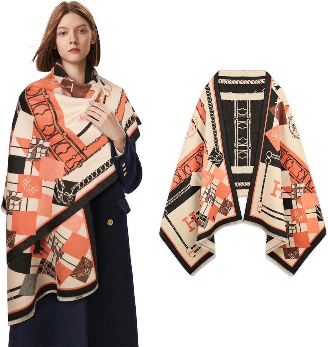 imageEXTREE Scarfs for Women Pashmina Silky Shawl Wrap for Evening Dressing Blanket Open Front Poncho CapeChain Horse Charm Orange