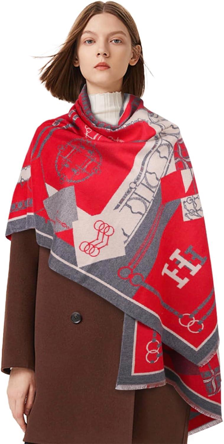 imageEXTREE Scarfs for Women Pashmina Silky Shawl Wrap for Evening Dressing Blanket Open Front Poncho CapeChain Horse Charm Red