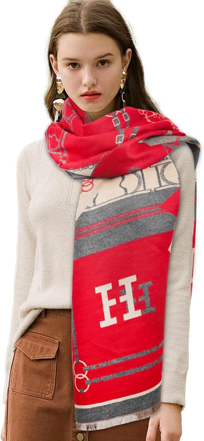 imageEXTREE Scarfs for Women Pashmina Silky Shawl Wrap for Evening Dressing Blanket Open Front Poncho CapeChain Horse Charm Red