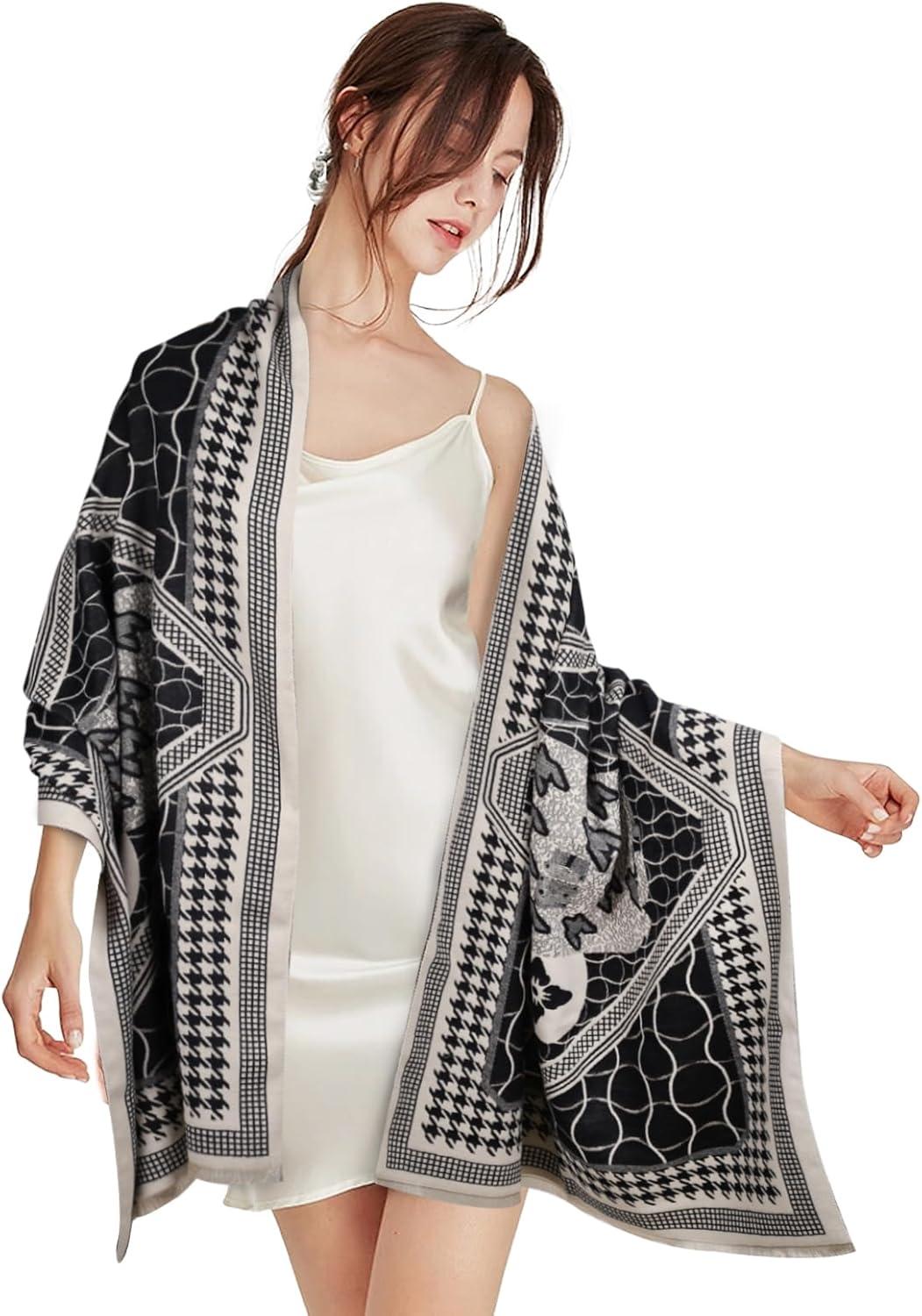 imageEXTREE Scarfs for Women Pashmina Silky Shawl Wrap for Evening Dressing Blanket Open Front Poncho CapeClassic Black and White