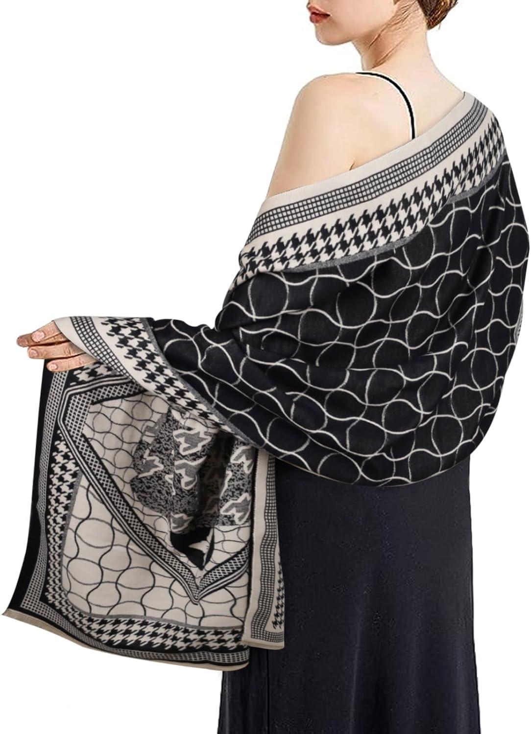 imageEXTREE Scarfs for Women Pashmina Silky Shawl Wrap for Evening Dressing Blanket Open Front Poncho CapeClassic Black and White