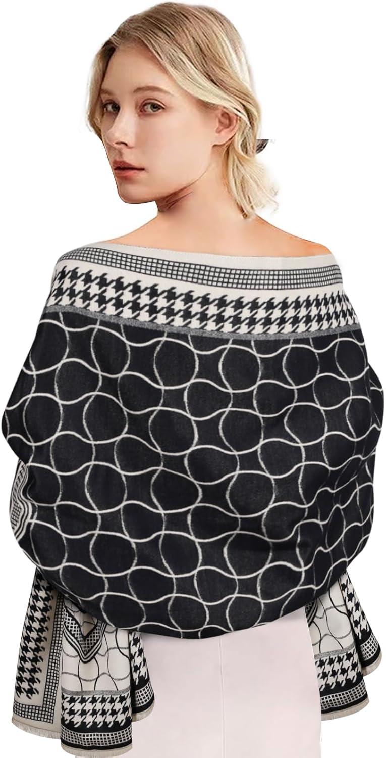 imageEXTREE Scarfs for Women Pashmina Silky Shawl Wrap for Evening Dressing Blanket Open Front Poncho CapeClassic Black and White