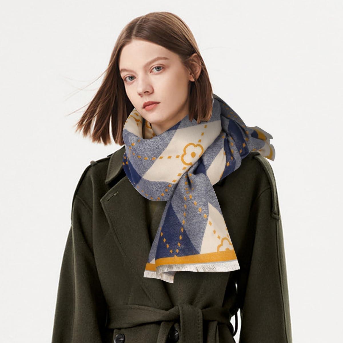 imageEXTREE Scarfs for Women Pashmina Silky Shawl Wrap for Evening Dressing Blanket Open Front Poncho CapeClover Blue Yellow