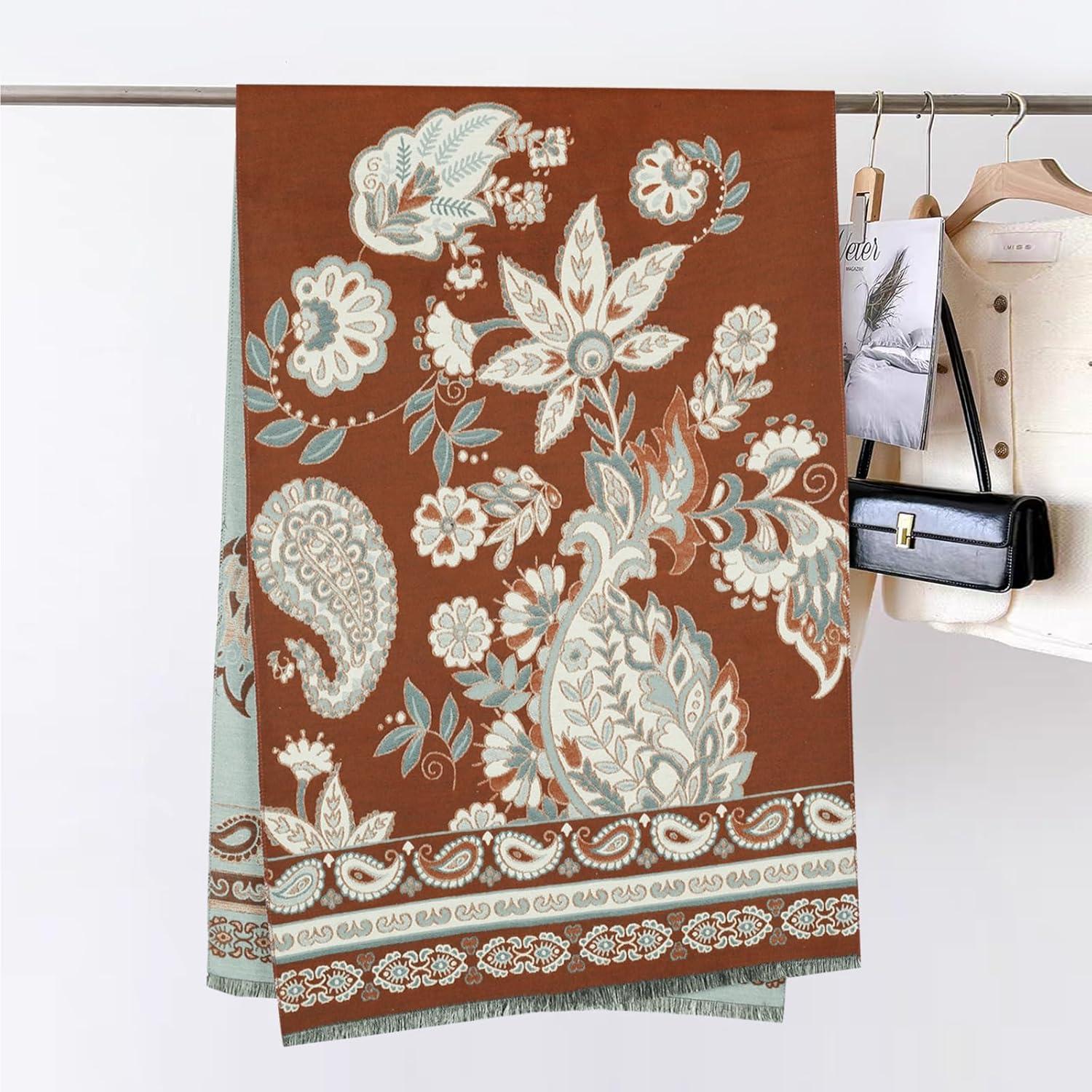 imageEXTREE Scarfs for Women Pashmina Silky Shawl Wrap for Evening Dressing Blanket Open Front Poncho CapeEthnic Cashew Brown