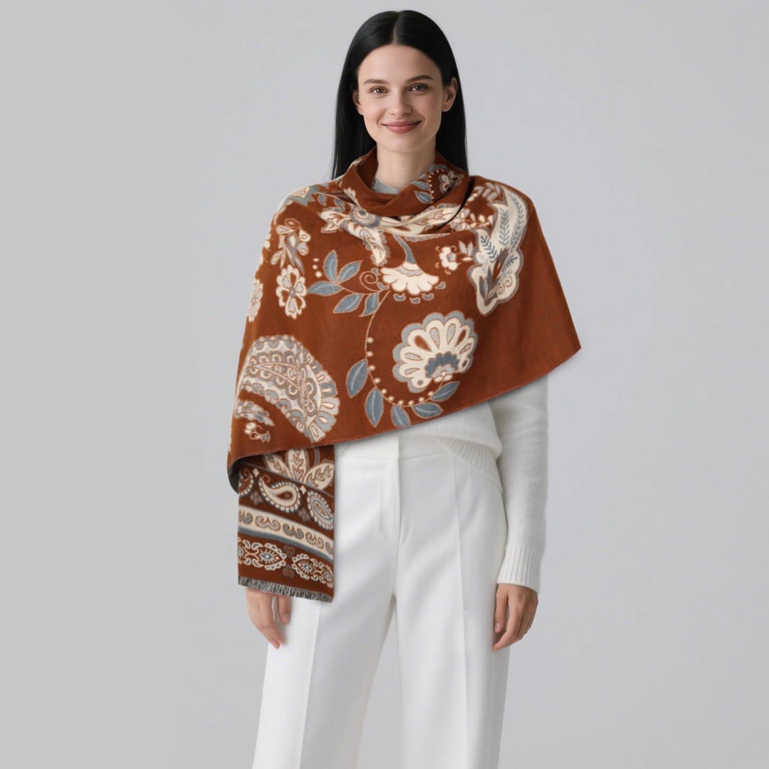 imageEXTREE Scarfs for Women Pashmina Silky Shawl Wrap for Evening Dressing Blanket Open Front Poncho CapeEthnic Cashew Brown