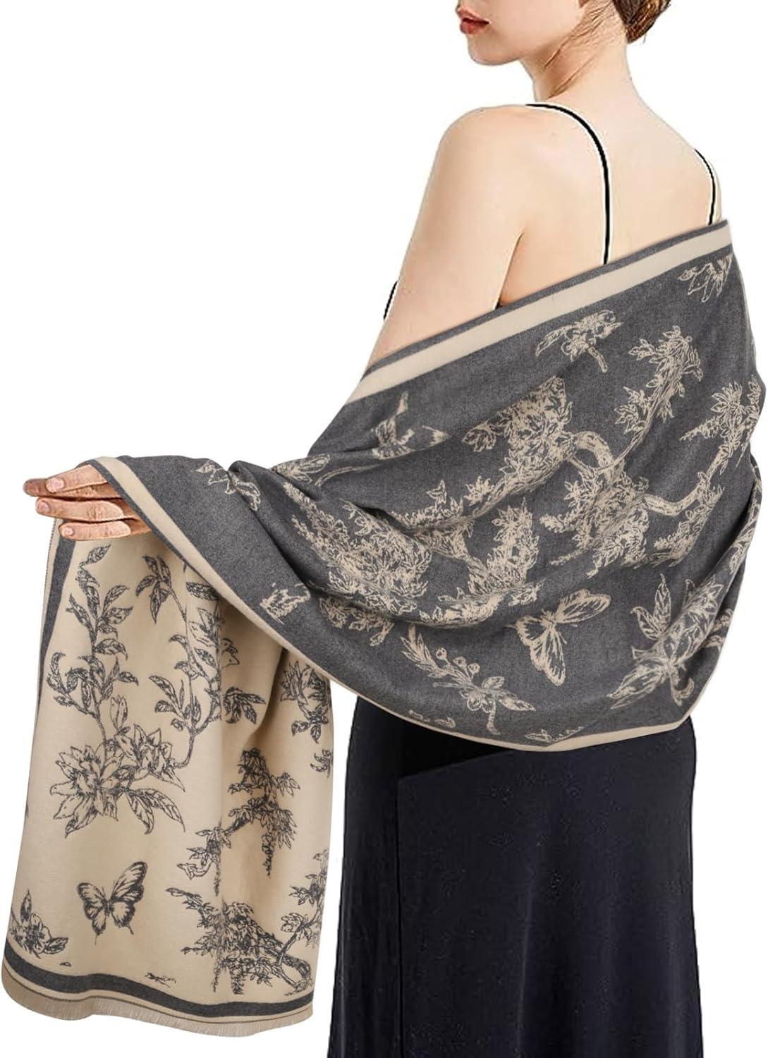 imageEXTREE Scarfs for Women Pashmina Silky Shawl Wrap for Evening Dressing Blanket Open Front Poncho CapeGray Forest