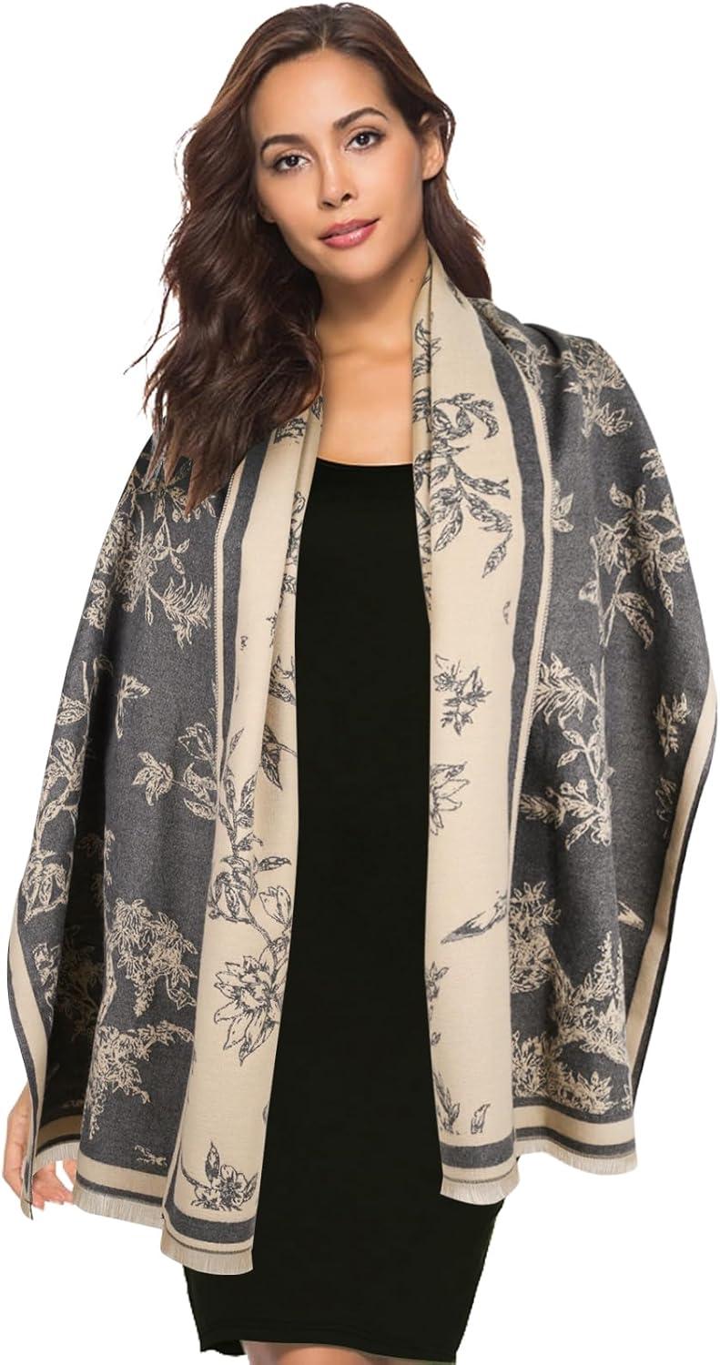 imageEXTREE Scarfs for Women Pashmina Silky Shawl Wrap for Evening Dressing Blanket Open Front Poncho CapeGray Forest