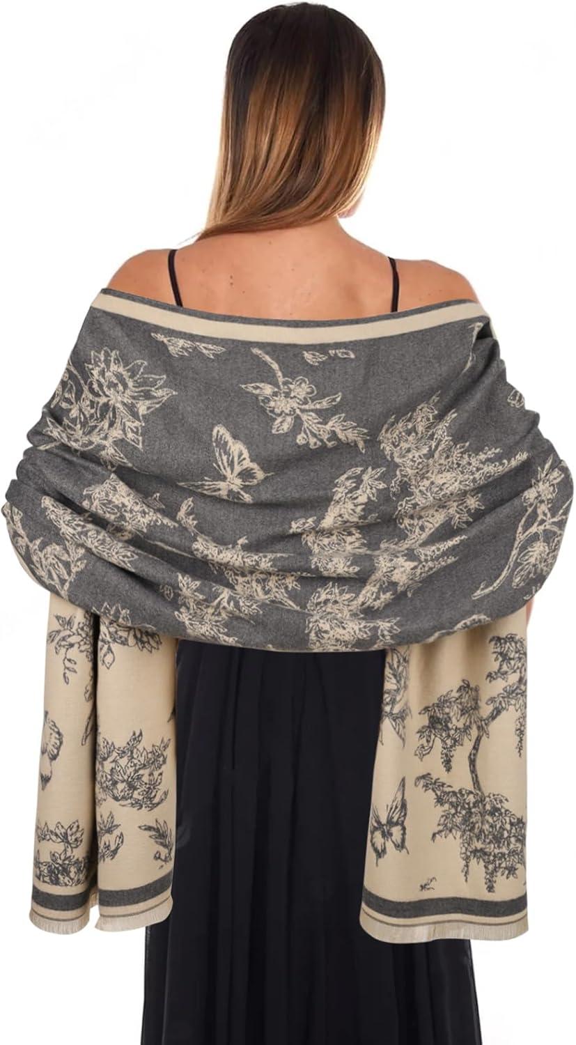 imageEXTREE Scarfs for Women Pashmina Silky Shawl Wrap for Evening Dressing Blanket Open Front Poncho CapeGray Forest