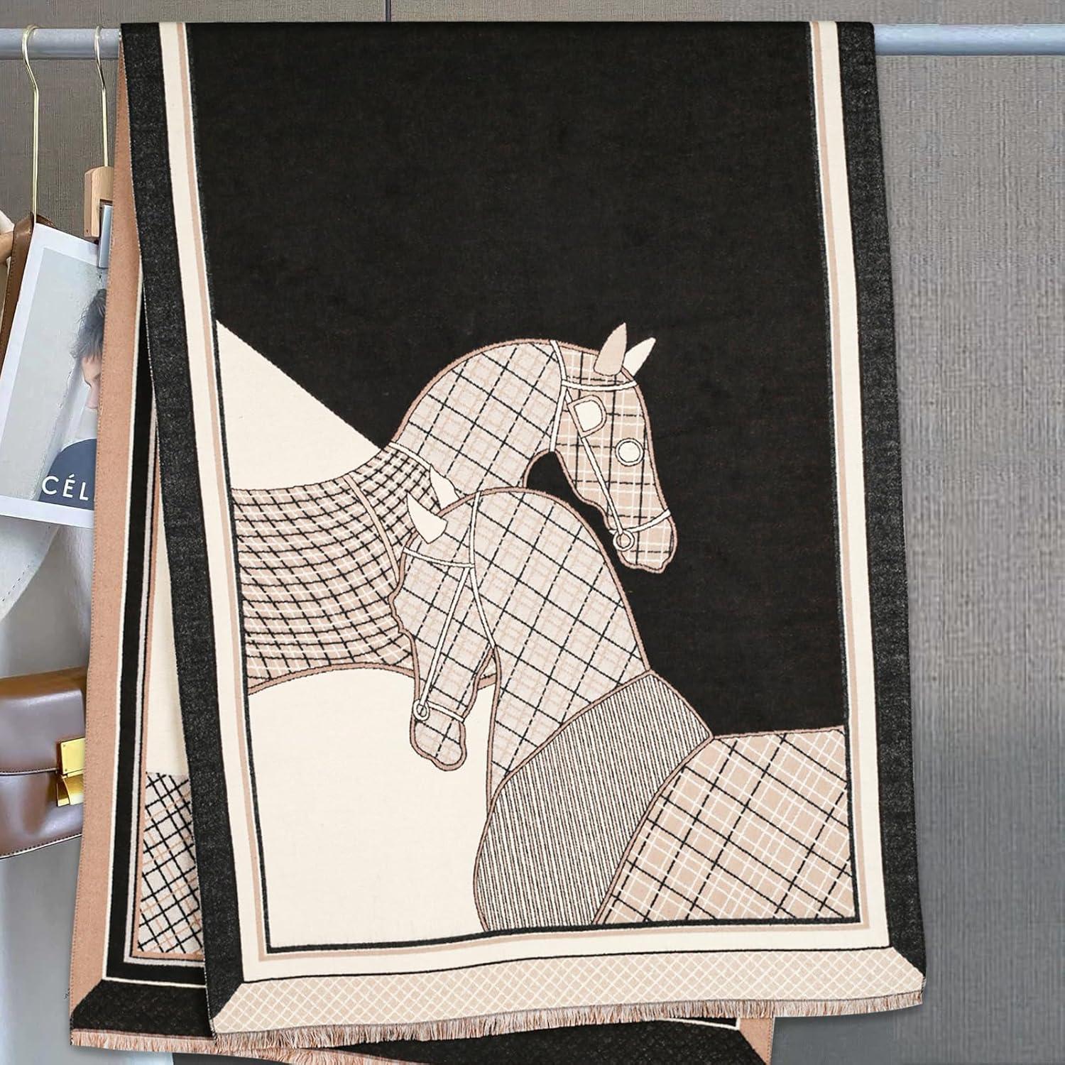 imageEXTREE Scarfs for Women Pashmina Silky Shawl Wrap for Evening Dressing Blanket Open Front Poncho CapeInterwoven Horses Black Beige