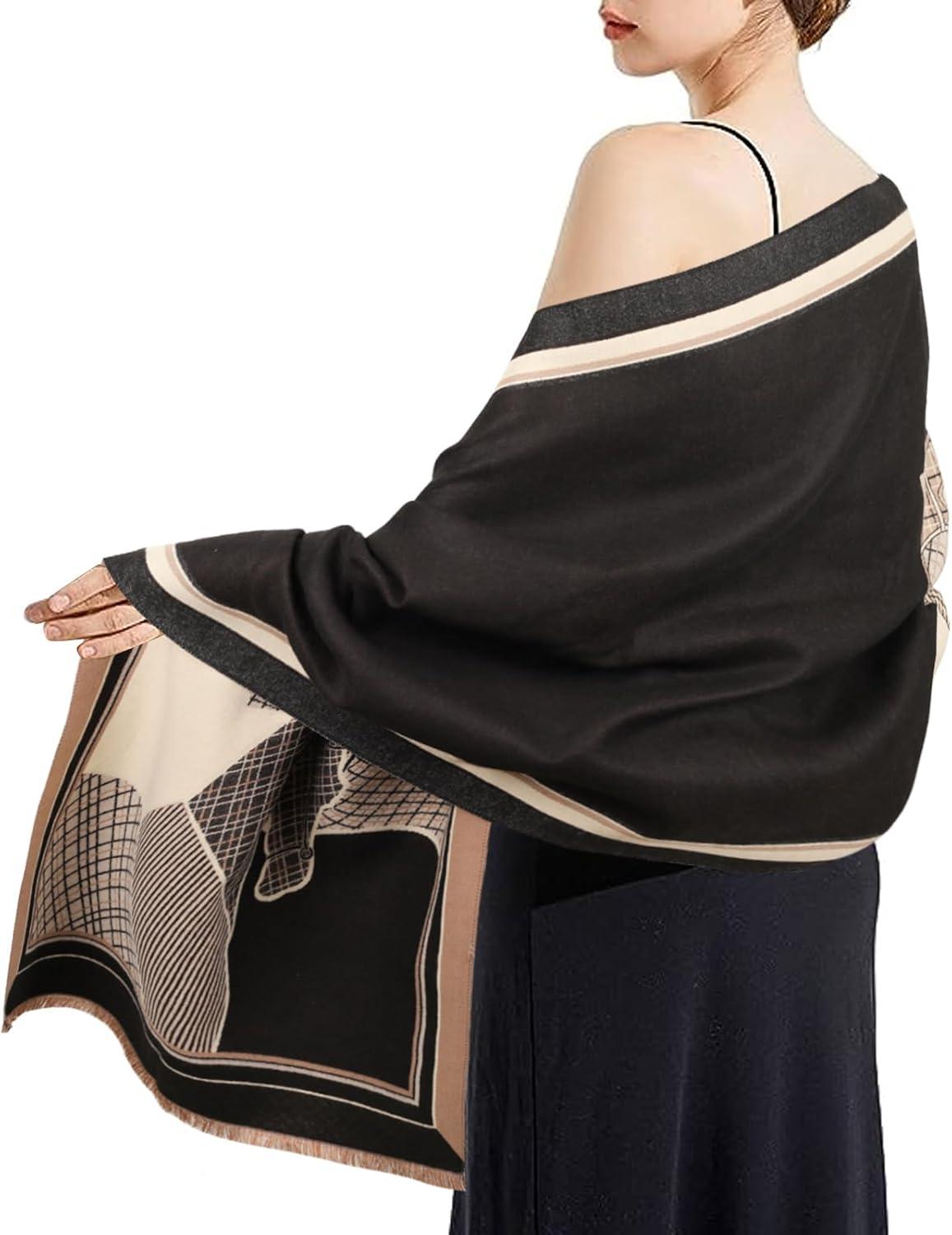 imageEXTREE Scarfs for Women Pashmina Silky Shawl Wrap for Evening Dressing Blanket Open Front Poncho CapeInterwoven Horses Black Beige