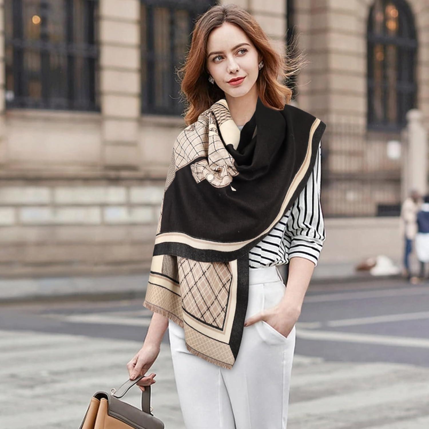 imageEXTREE Scarfs for Women Pashmina Silky Shawl Wrap for Evening Dressing Blanket Open Front Poncho CapeInterwoven Horses Black Beige
