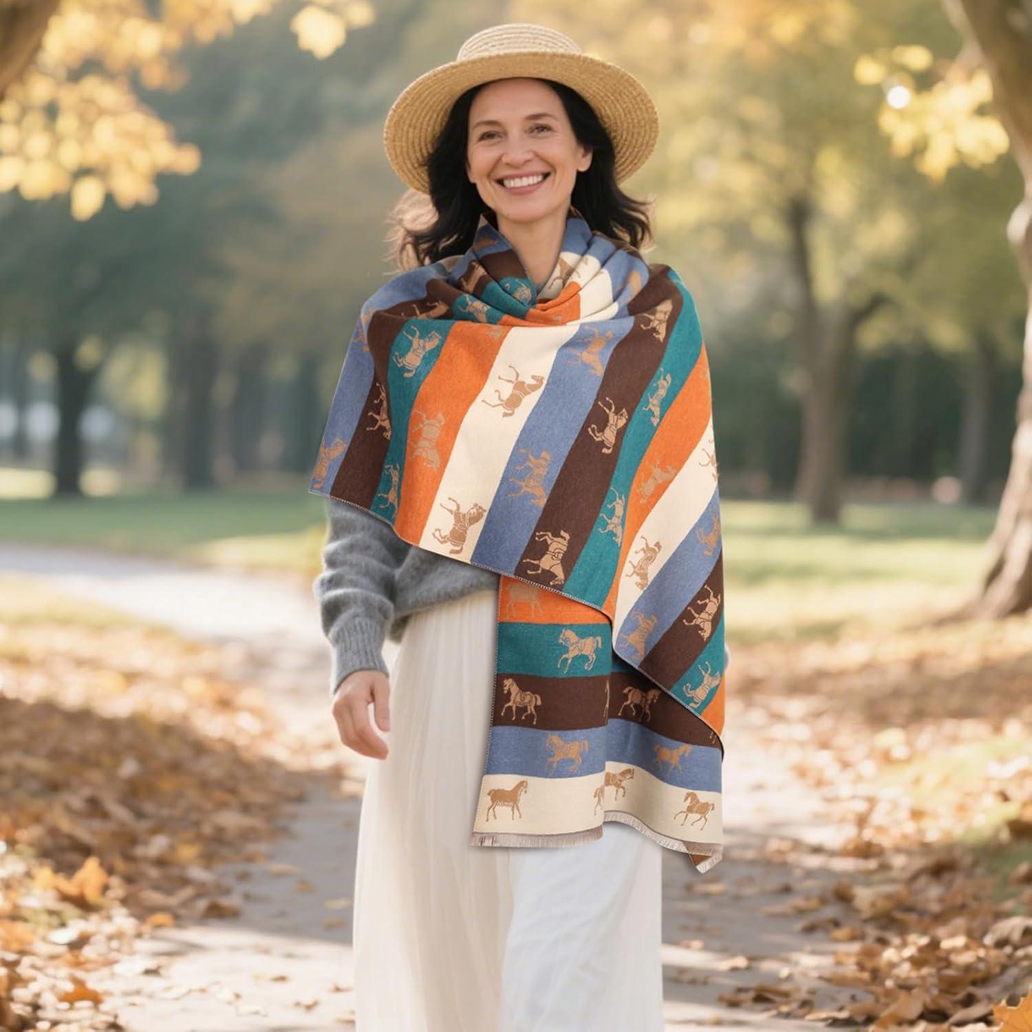 imageEXTREE Scarfs for Women Pashmina Silky Shawl Wrap for Evening Dressing Blanket Open Front Poncho CapeKhaki Pony