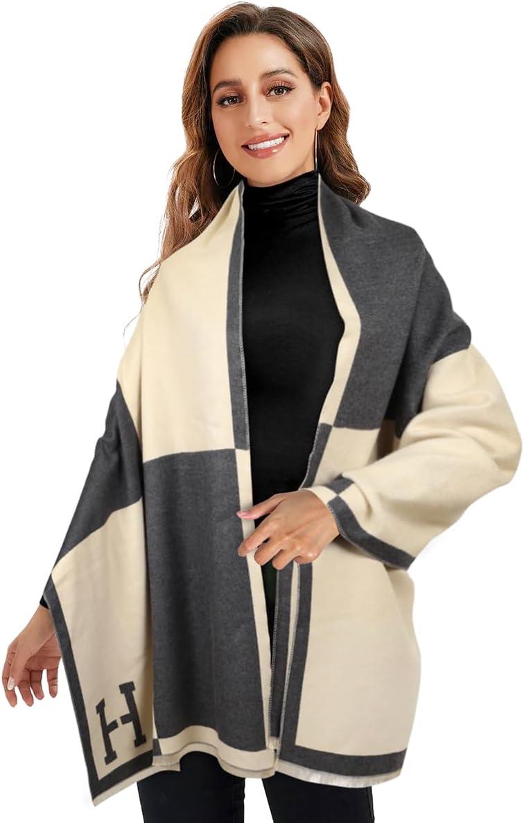 imageEXTREE Scarfs for Women Pashmina Silky Shawl Wrap for Evening Dressing Blanket Open Front Poncho CapeLetter H Black Rice