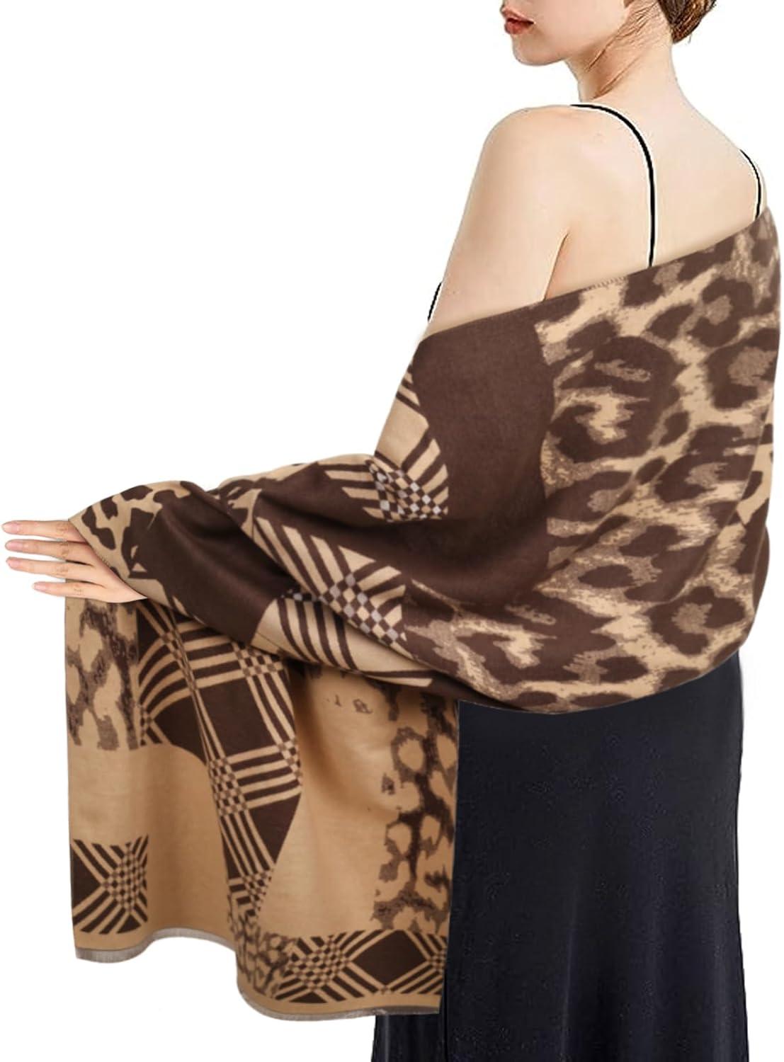 imageEXTREE Scarfs for Women Pashmina Silky Shawl Wrap for Evening Dressing Blanket Open Front Poncho CapePlaid Patchwork Leopard Brown