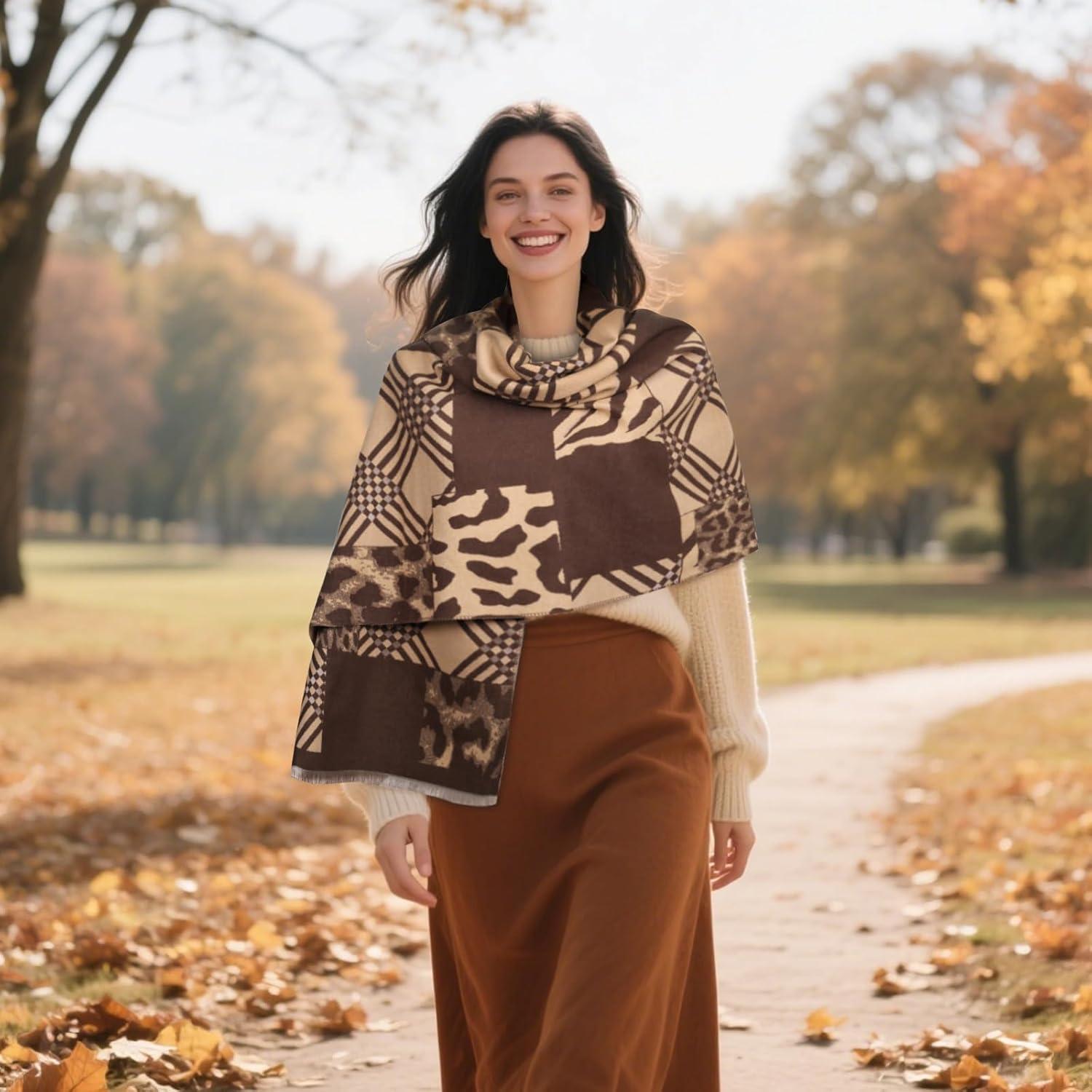 imageEXTREE Scarfs for Women Pashmina Silky Shawl Wrap for Evening Dressing Blanket Open Front Poncho CapePlaid Patchwork Leopard Brown