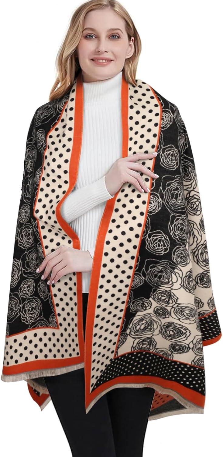 imageEXTREE Scarfs for Women Pashmina Silky Shawl Wrap for Evening Dressing Blanket Open Front Poncho CapePolka Dot Camellia Black