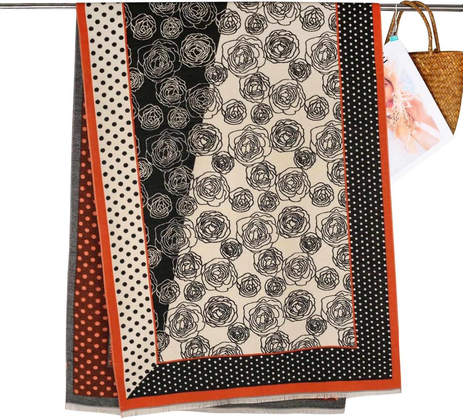 imageEXTREE Scarfs for Women Pashmina Silky Shawl Wrap for Evening Dressing Blanket Open Front Poncho CapePolka Dot Camellia Black