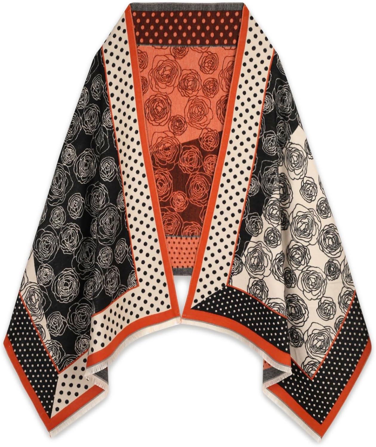 imageEXTREE Scarfs for Women Pashmina Silky Shawl Wrap for Evening Dressing Blanket Open Front Poncho CapePolka Dot Camellia Black