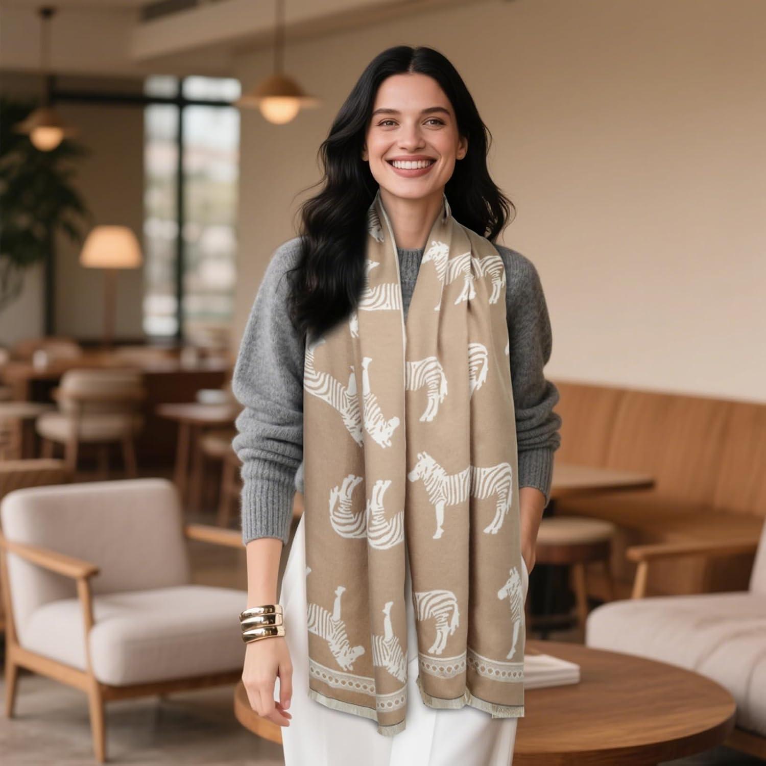 imageEXTREE Scarfs for Women Pashmina Silky Shawl Wrap for Evening Dressing Blanket Open Front Poncho CapeRetro Zebra Khaki