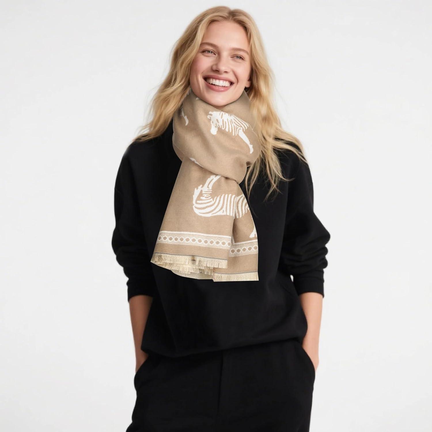 imageEXTREE Scarfs for Women Pashmina Silky Shawl Wrap for Evening Dressing Blanket Open Front Poncho CapeRetro Zebra Khaki