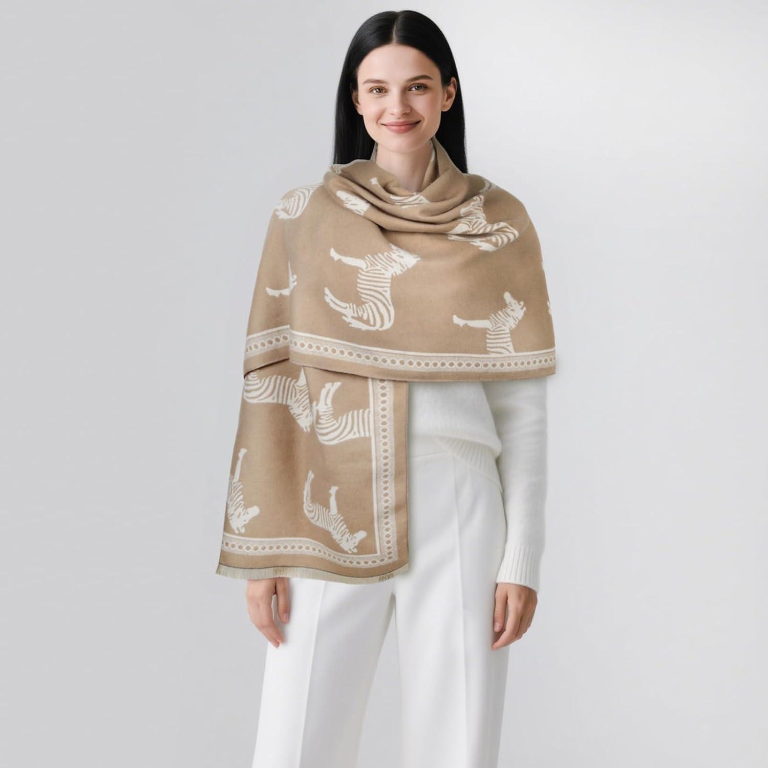 imageEXTREE Scarfs for Women Pashmina Silky Shawl Wrap for Evening Dressing Blanket Open Front Poncho CapeRetro Zebra Khaki