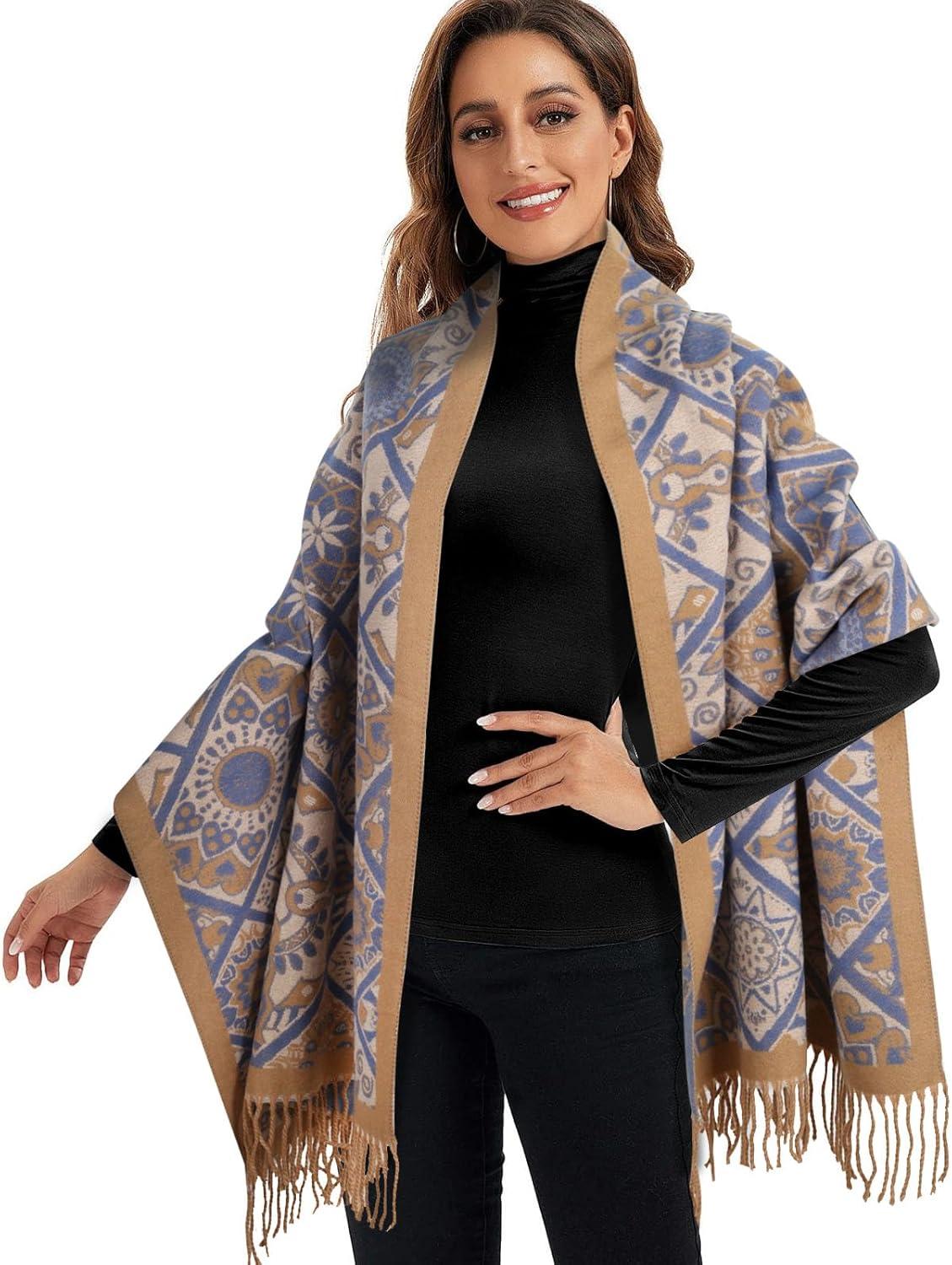 imageEXTREE Scarfs for Women Pashmina Silky Shawl Wrap for Evening Dressing Blanket Open Front Poncho CapeTotem Flower Camel