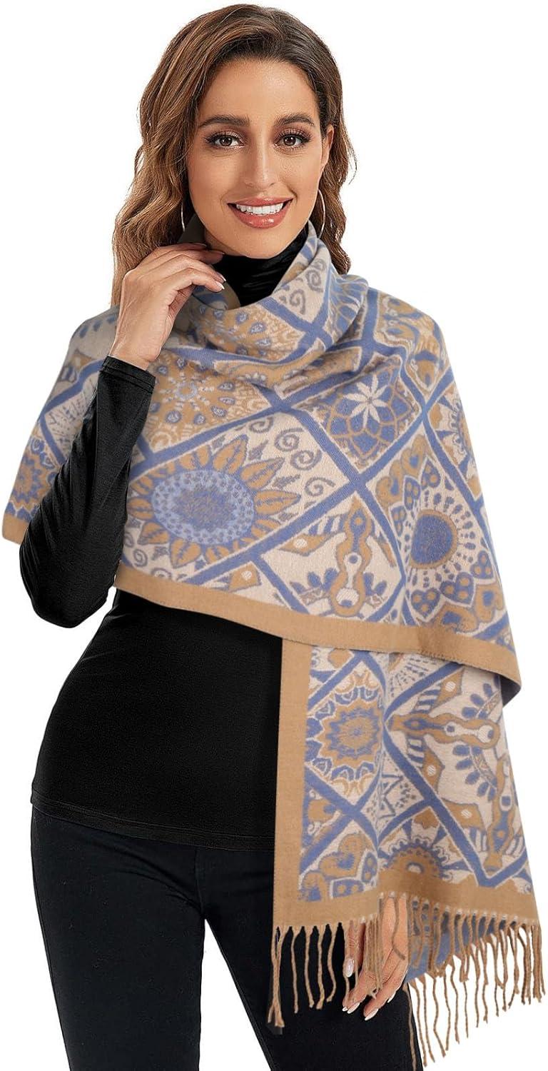 imageEXTREE Scarfs for Women Pashmina Silky Shawl Wrap for Evening Dressing Blanket Open Front Poncho CapeTotem Flower Camel