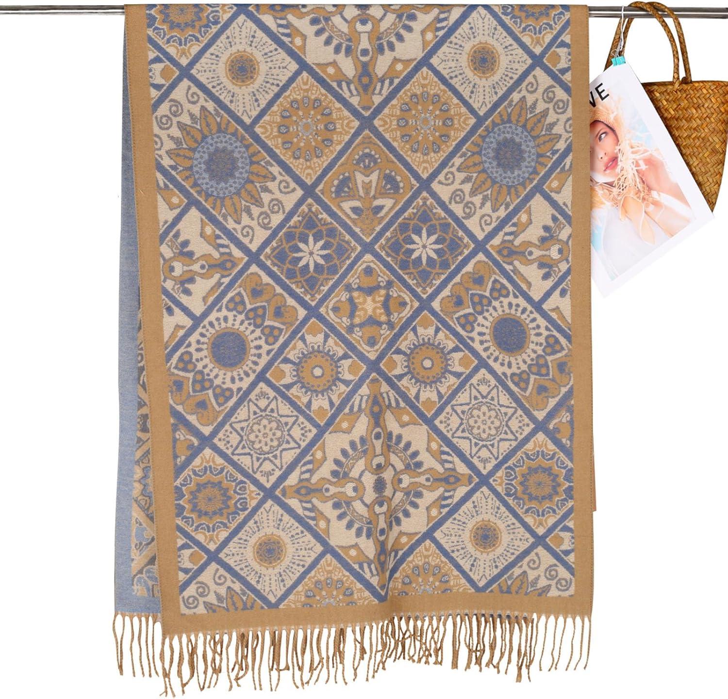 imageEXTREE Scarfs for Women Pashmina Silky Shawl Wrap for Evening Dressing Blanket Open Front Poncho CapeTotem Flower Camel