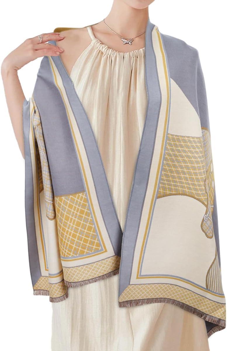 imageEXTREE Scarfs for Women Pashmina Silky Shawl Wrap for Evening Dressing Blanket Open Front Poncho CapeYellowgray Warhorse