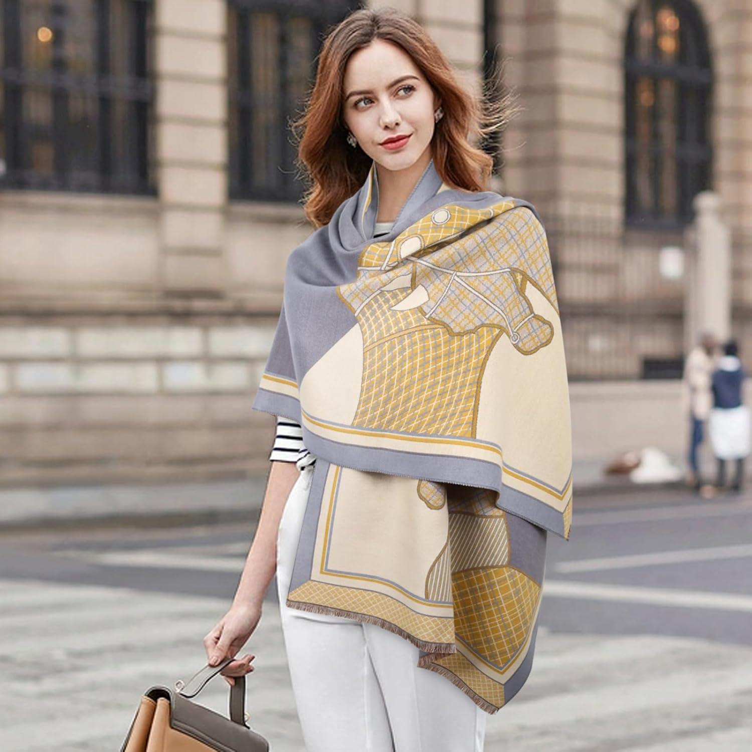 imageEXTREE Scarfs for Women Pashmina Silky Shawl Wrap for Evening Dressing Blanket Open Front Poncho CapeYellowgray Warhorse