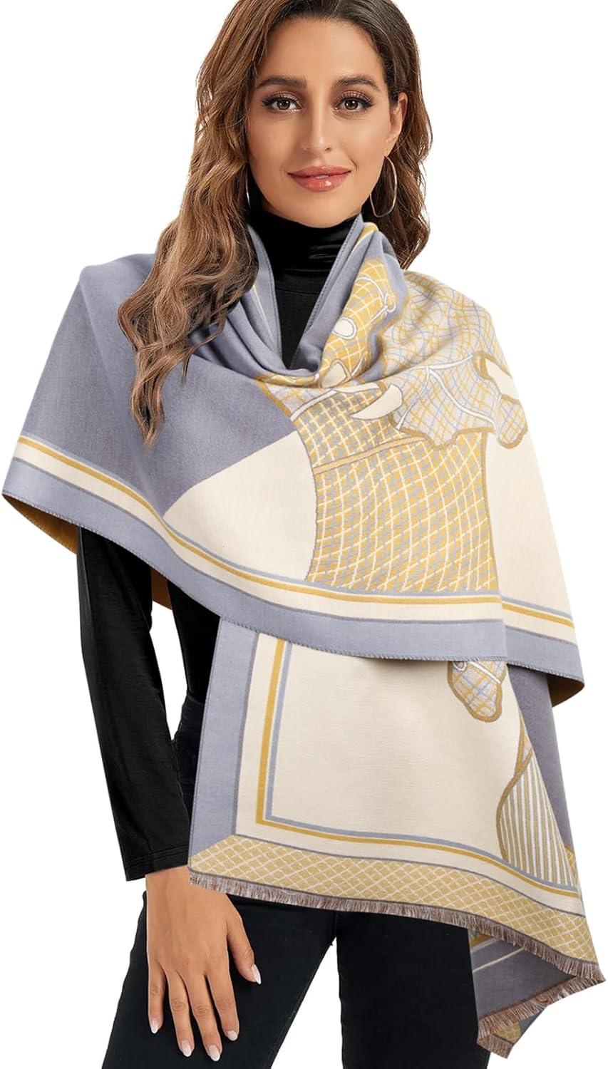 imageEXTREE Scarfs for Women Pashmina Silky Shawl Wrap for Evening Dressing Blanket Open Front Poncho CapeYellowgray Warhorse