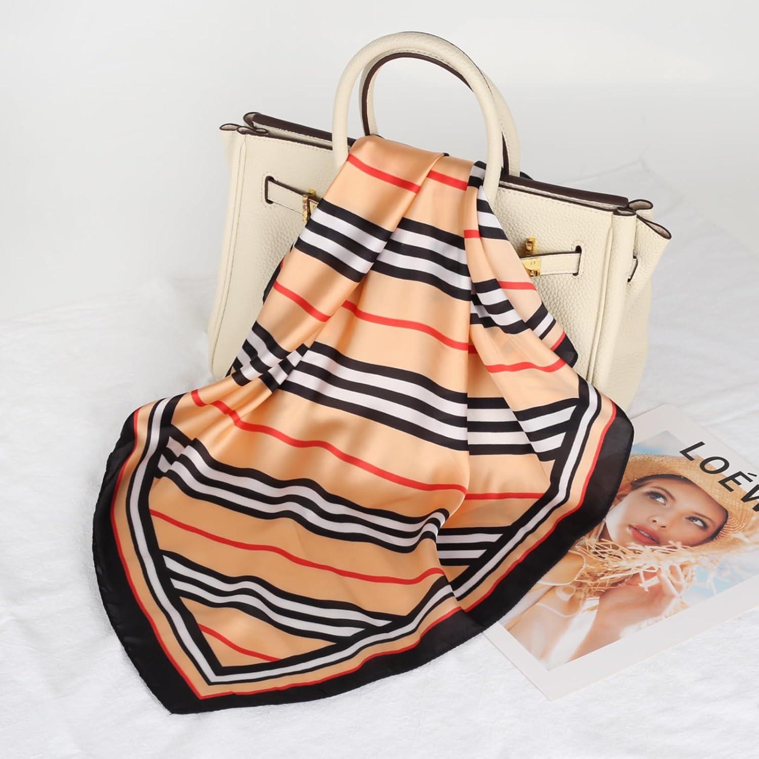 imageEXTREE Silk Feeling Scarf Medium Square Satin Head Scarf Sleeping Hair Wrapping for Women 275  275 inches Geometric lines