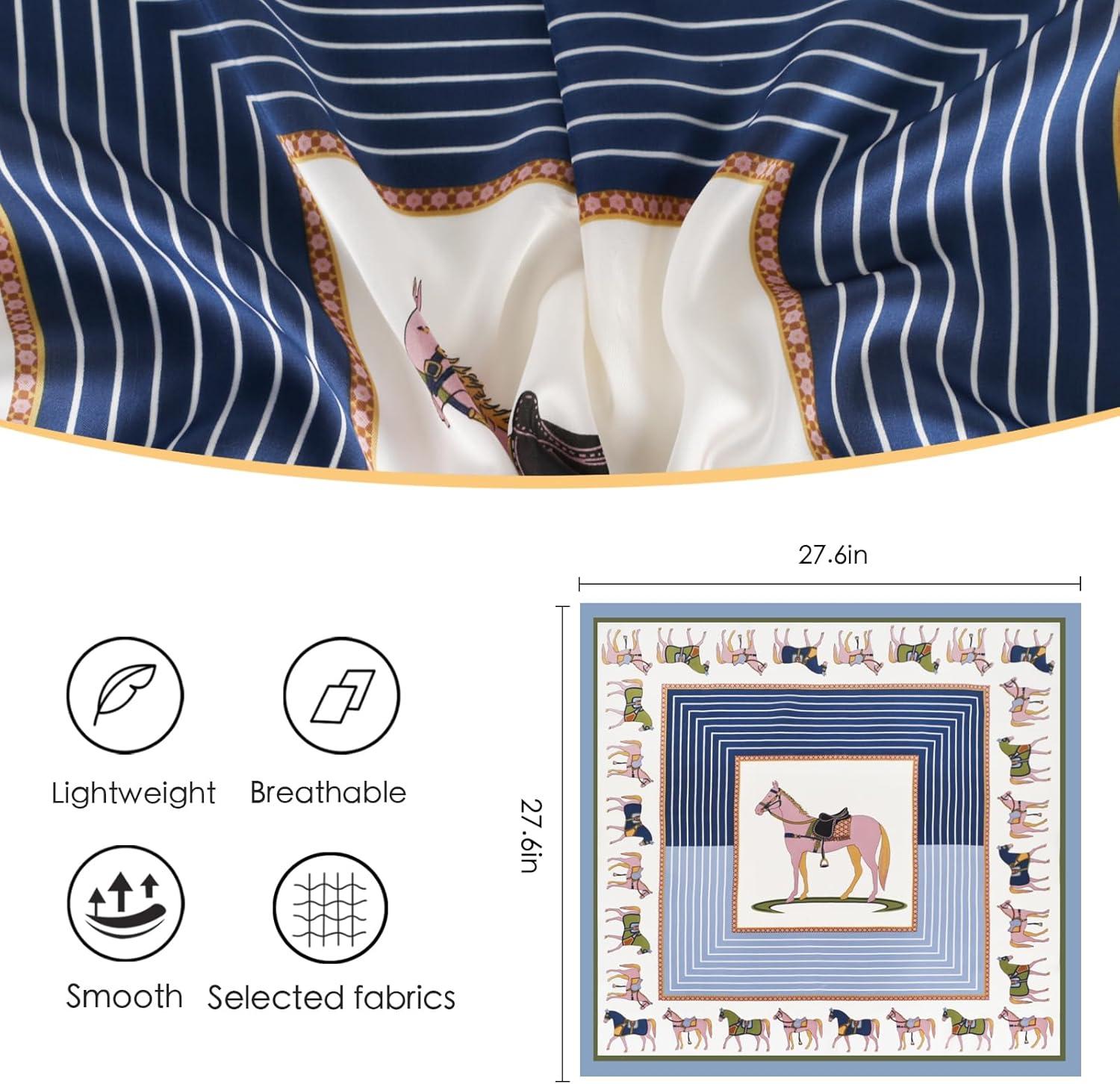 imageEXTREE Silk Feeling Scarf Medium Square Satin Head Scarf Sleeping Hair Wrapping for Women 275  275 inchesBack Horse Frame Blue